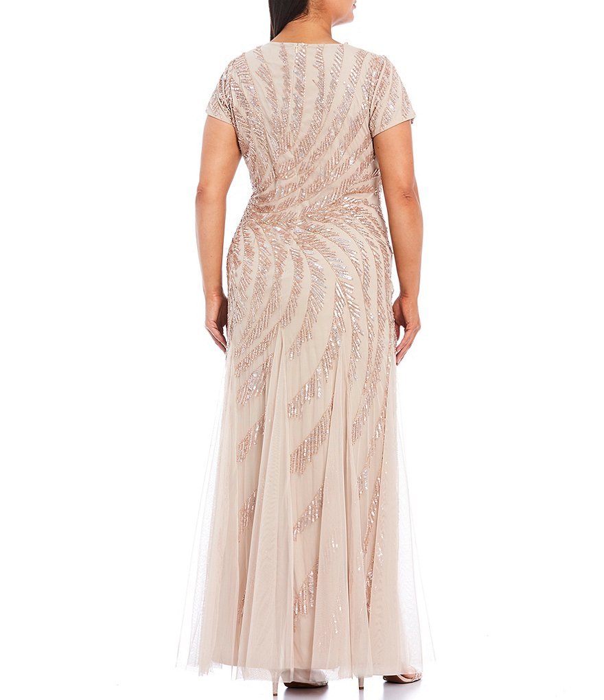 Adrianna Papell Plus Size V-Neck Short Sleeve Beaded Gown