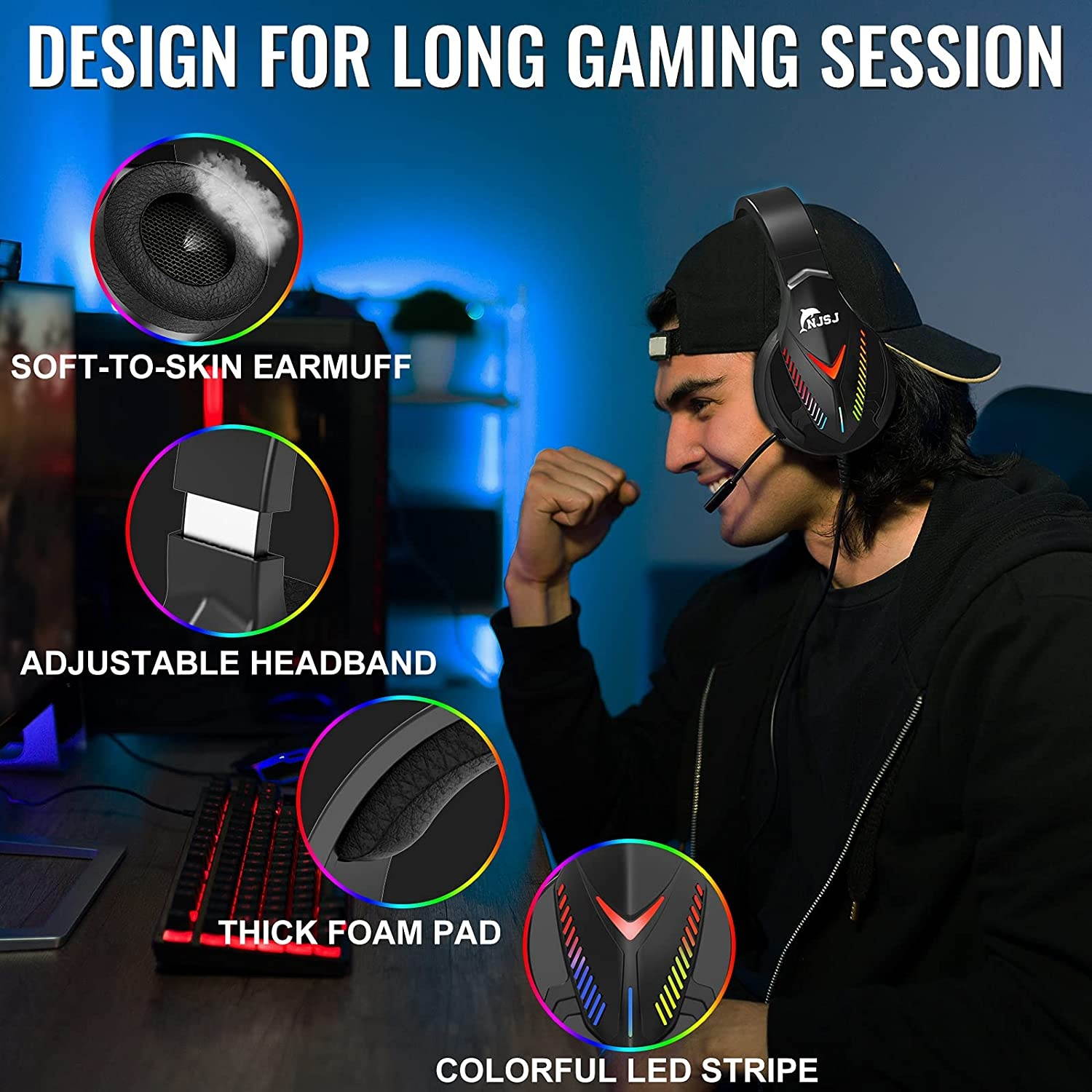 NJSJ Gaming Headset for PS4 PC Xbox One PS5 Controller, Gaming Headphones with Noise Canceling Microphone,Surround Sound,RGB LED Light,Soft Memory Foam Ear Pads for PC, Mac, Laptop, Cell Phones