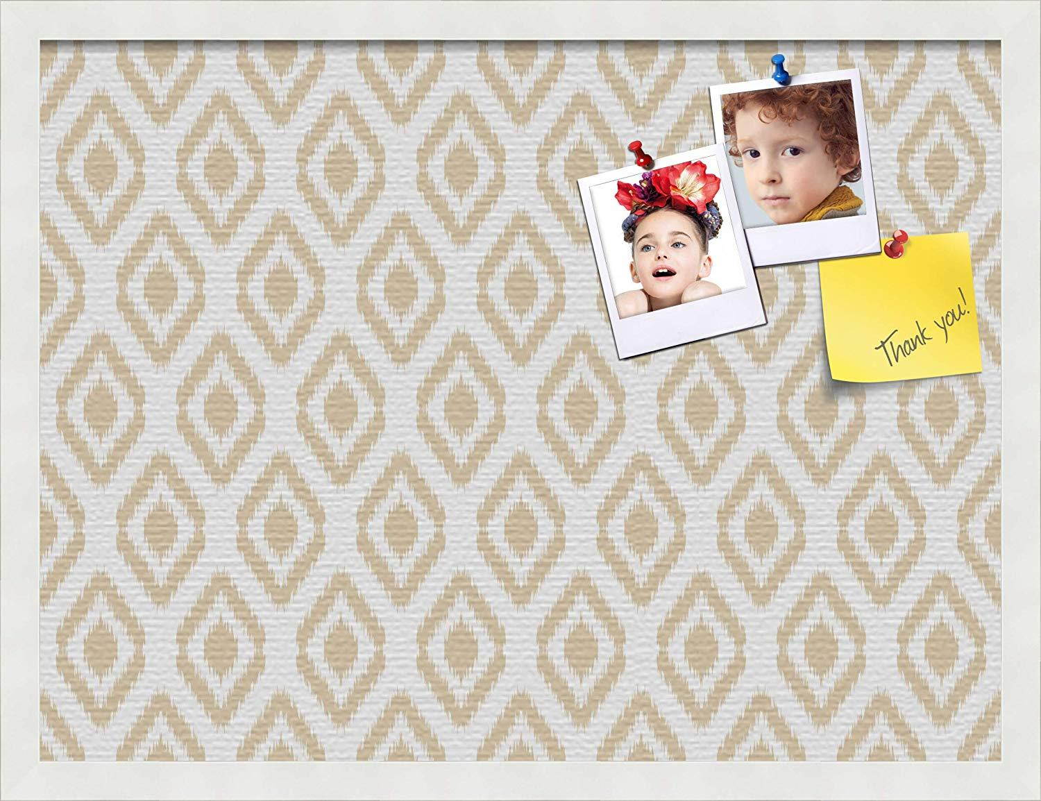 PinPix custom printed pin cork bulletin board made from canvas, Ikat Beige 24x18 Inches (Completed Size) and framed in Satin White Frame (PinPix-Group-65)