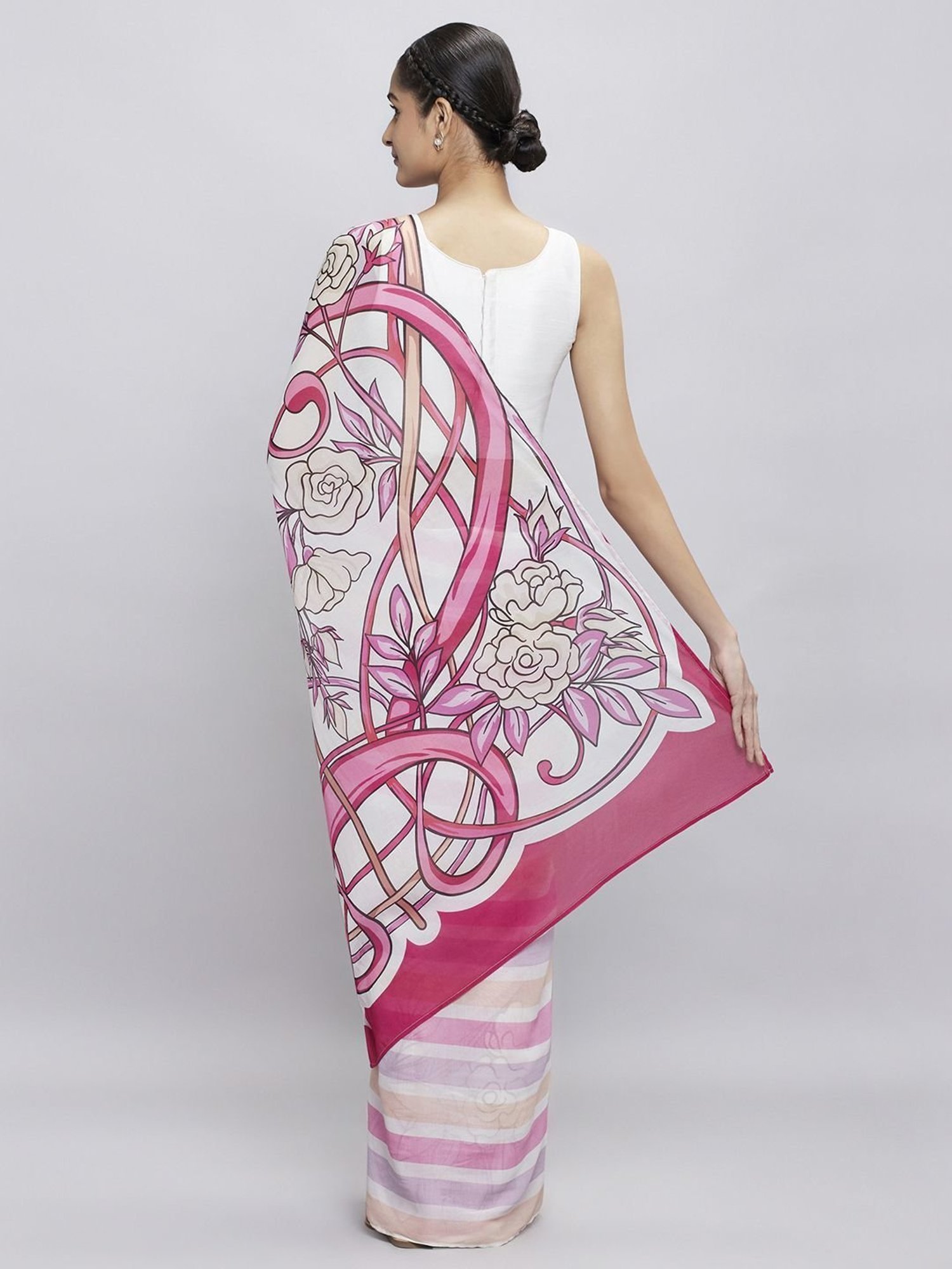 navyasa by liva Pink Rose Printed Saree With Unstitched Blouse