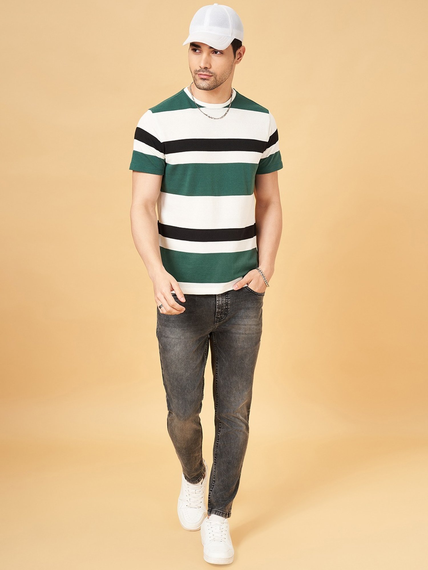 Sf Jeans By Pantaloons Green Slim Fit Striped T-Shirt