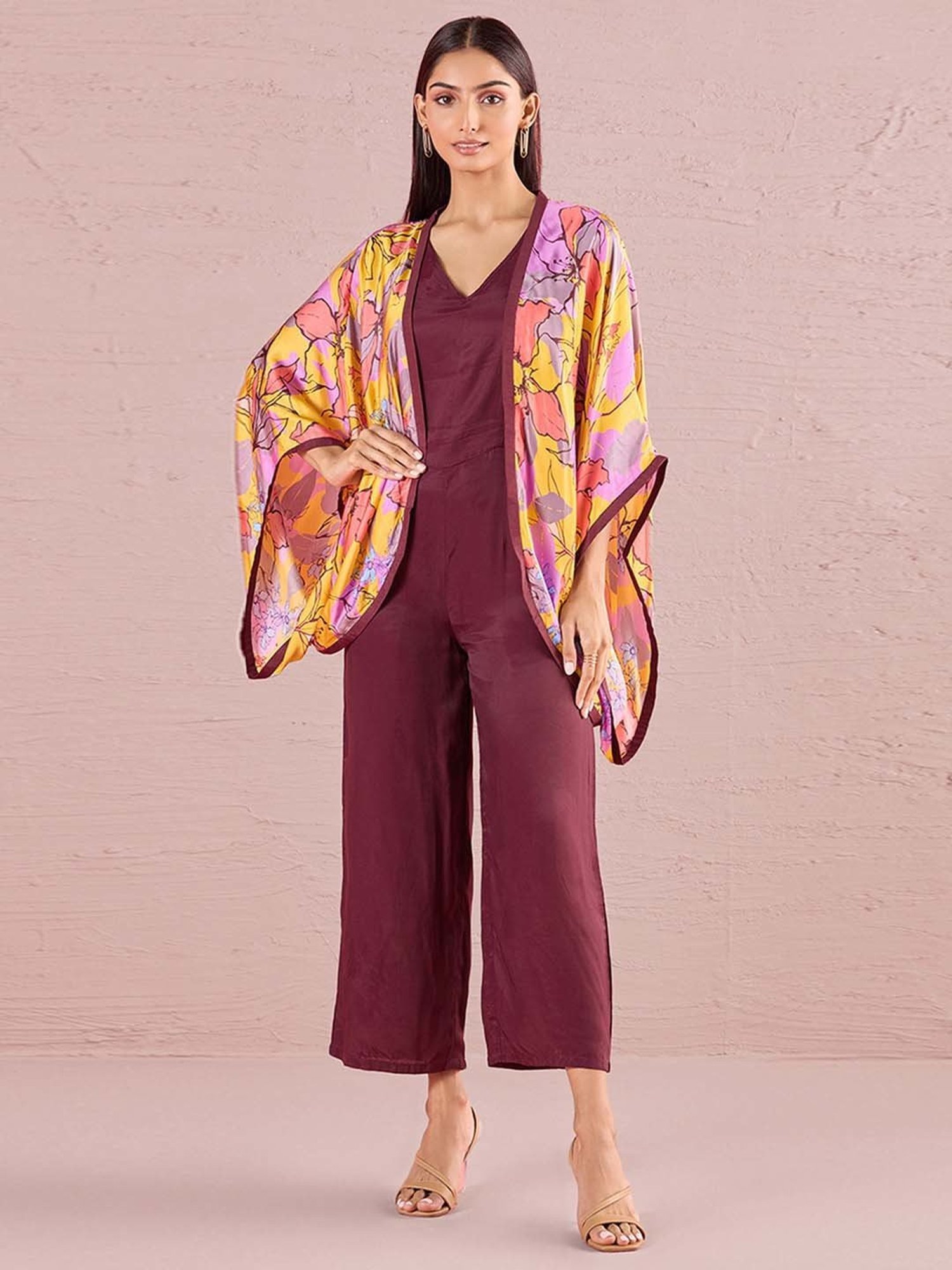 navyasa by liva Maroon & Yellow Printed Jumpsuit With Shrug