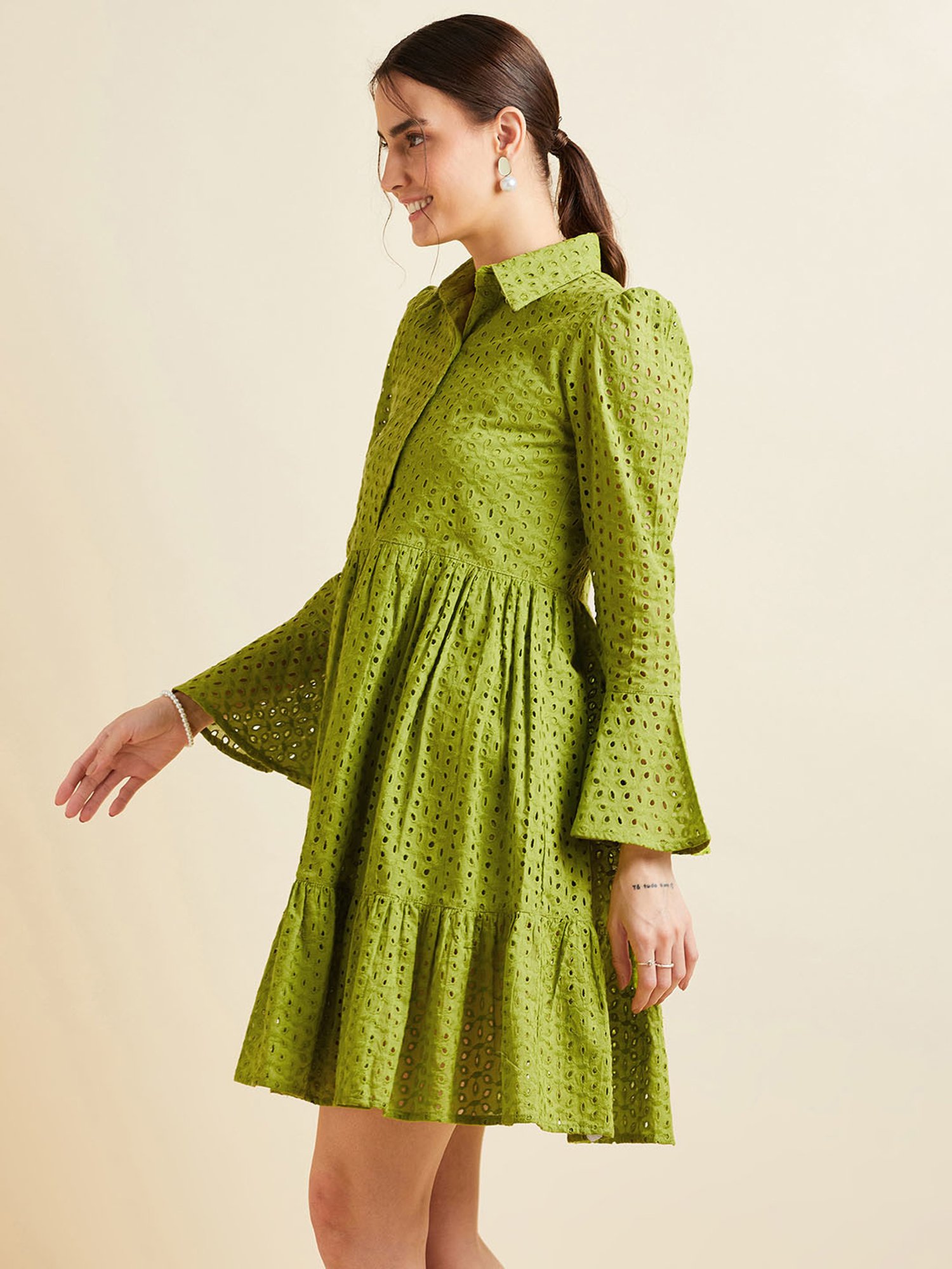 PANIT Green Cotton Embroidered Ethnic Dress