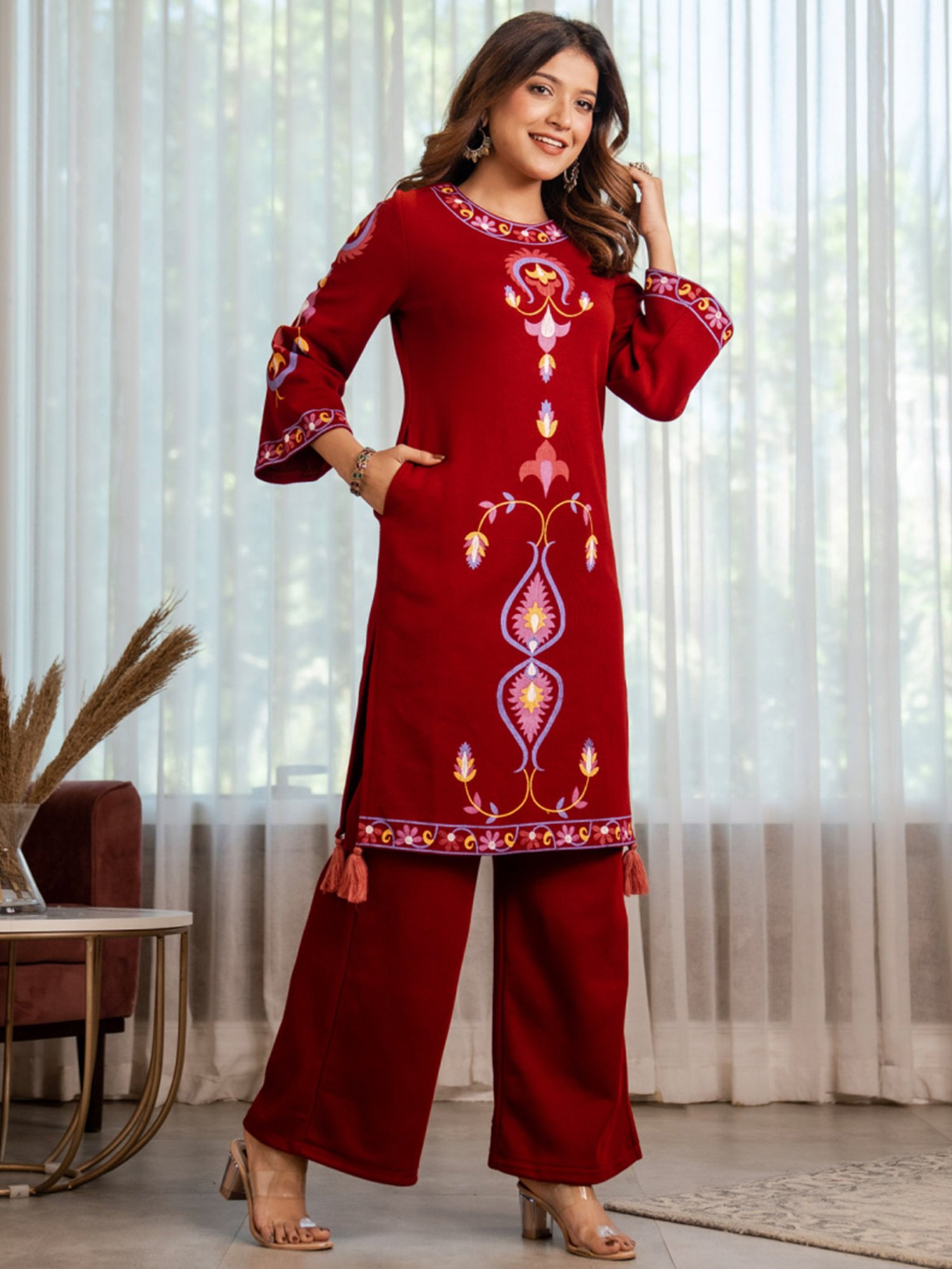 Rustorange Maroon Printed Straight Kurta