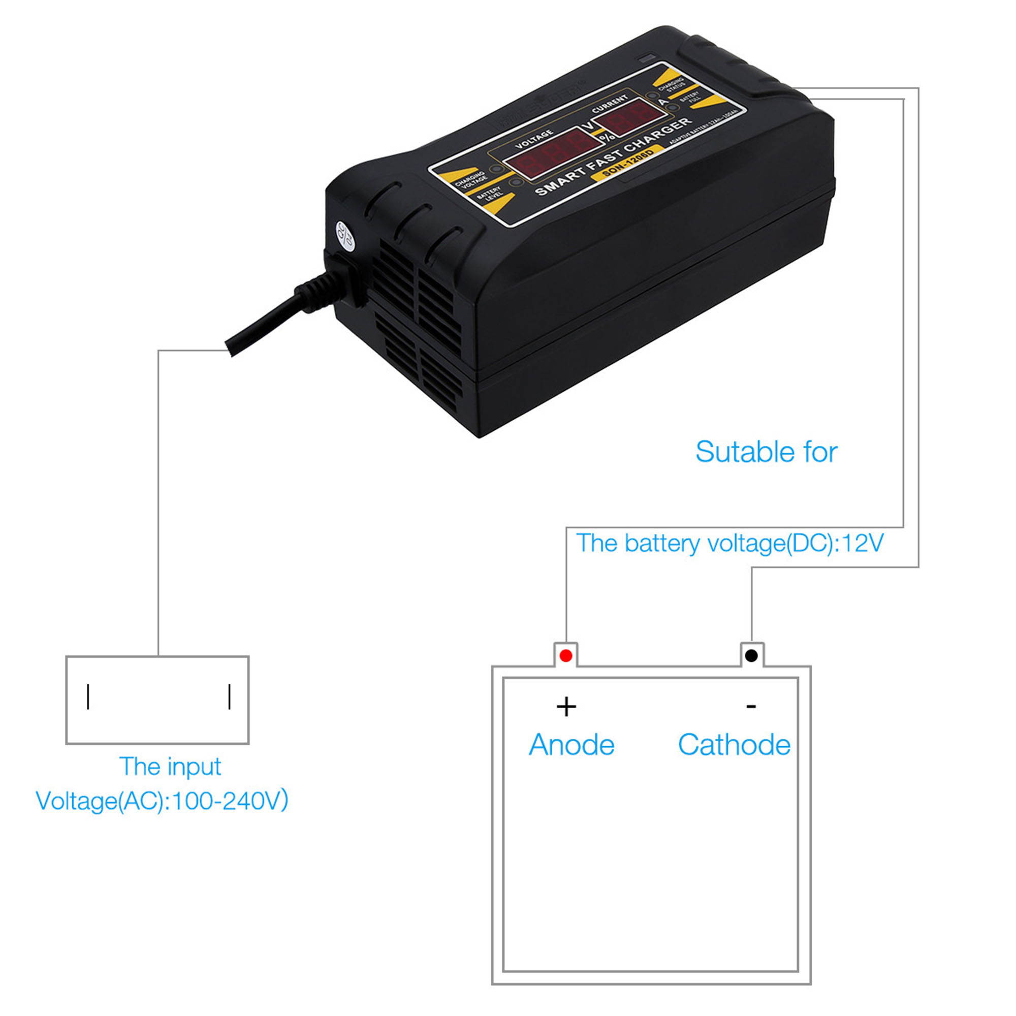 12V 6A Auto LCD Fast Charger Smart Lead-Acid GEL Battery Charger For Car Motorcycle
