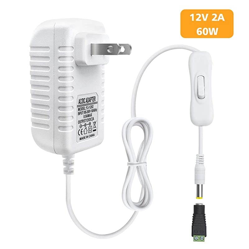 2A 24W LED Strip Power Supply with On and Off Switch, AC/DC Switching Power Adapter, 100-240V to Wall Wart Transformer for LED Strip Light 5.5/2.1 DC Female Barrel Connector to Screw Adapter