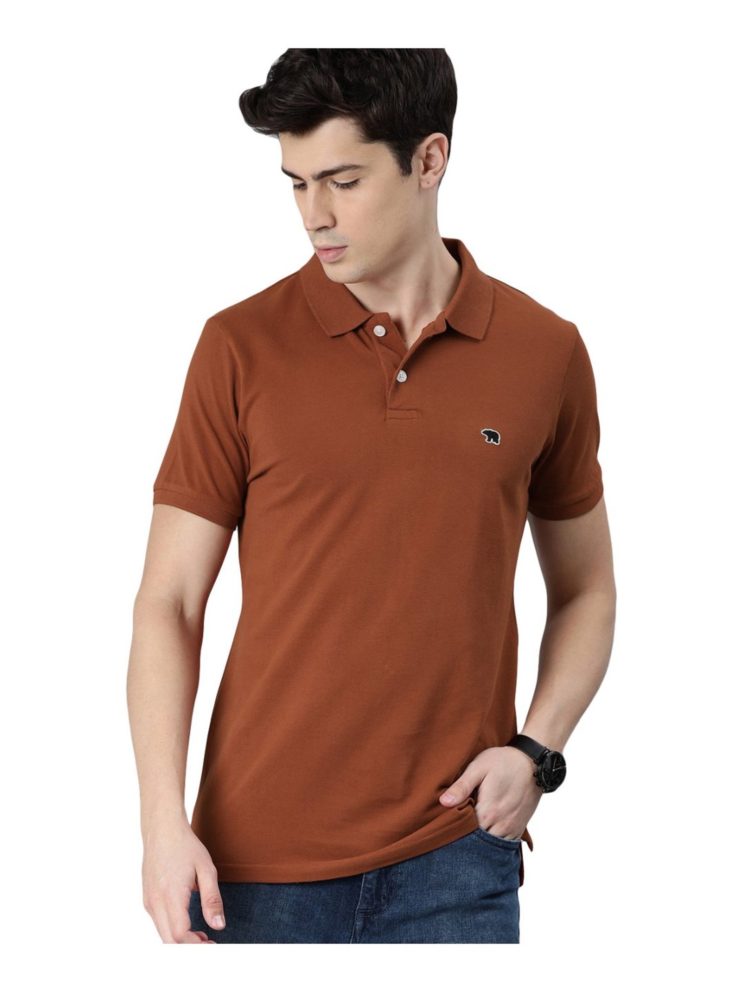 The Bear House Rust Cotton Slim Fit Polo T-Shirt