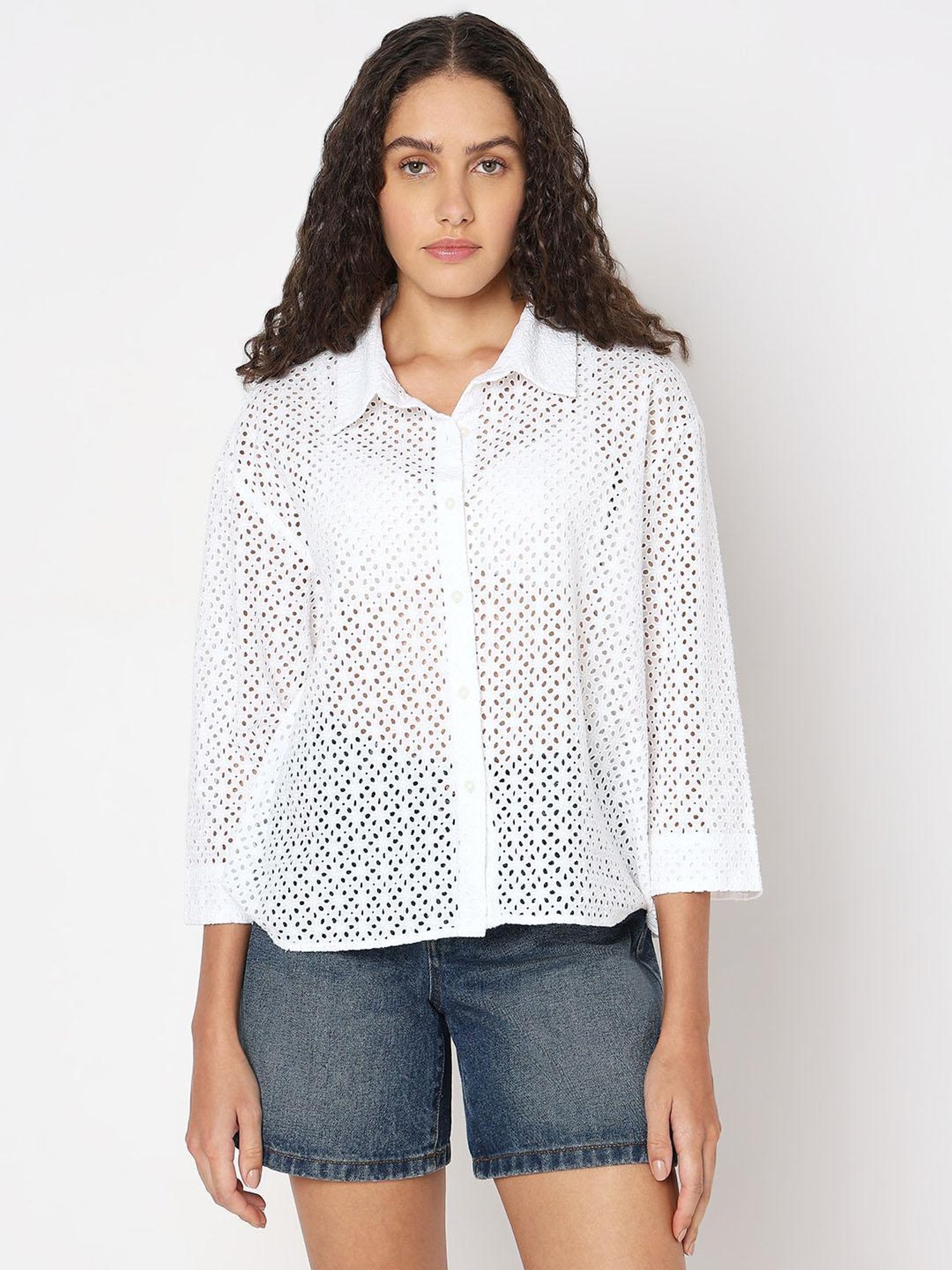 Vero Moda White Cotton Self Design Shirt