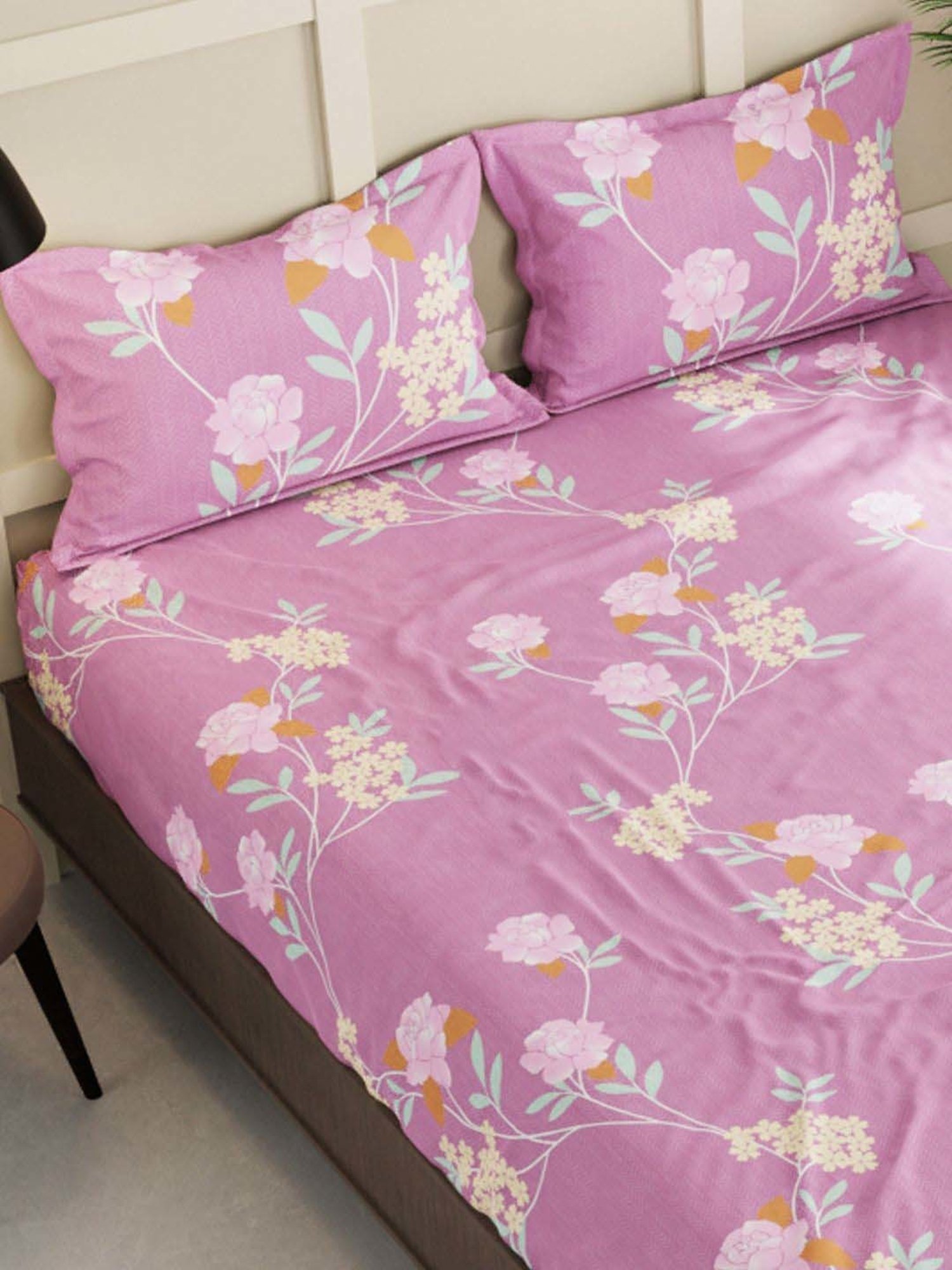 Bianca La Vogue Floral Pink 152 TC Fabric Double Bedsheet with 2 Pillow Covers