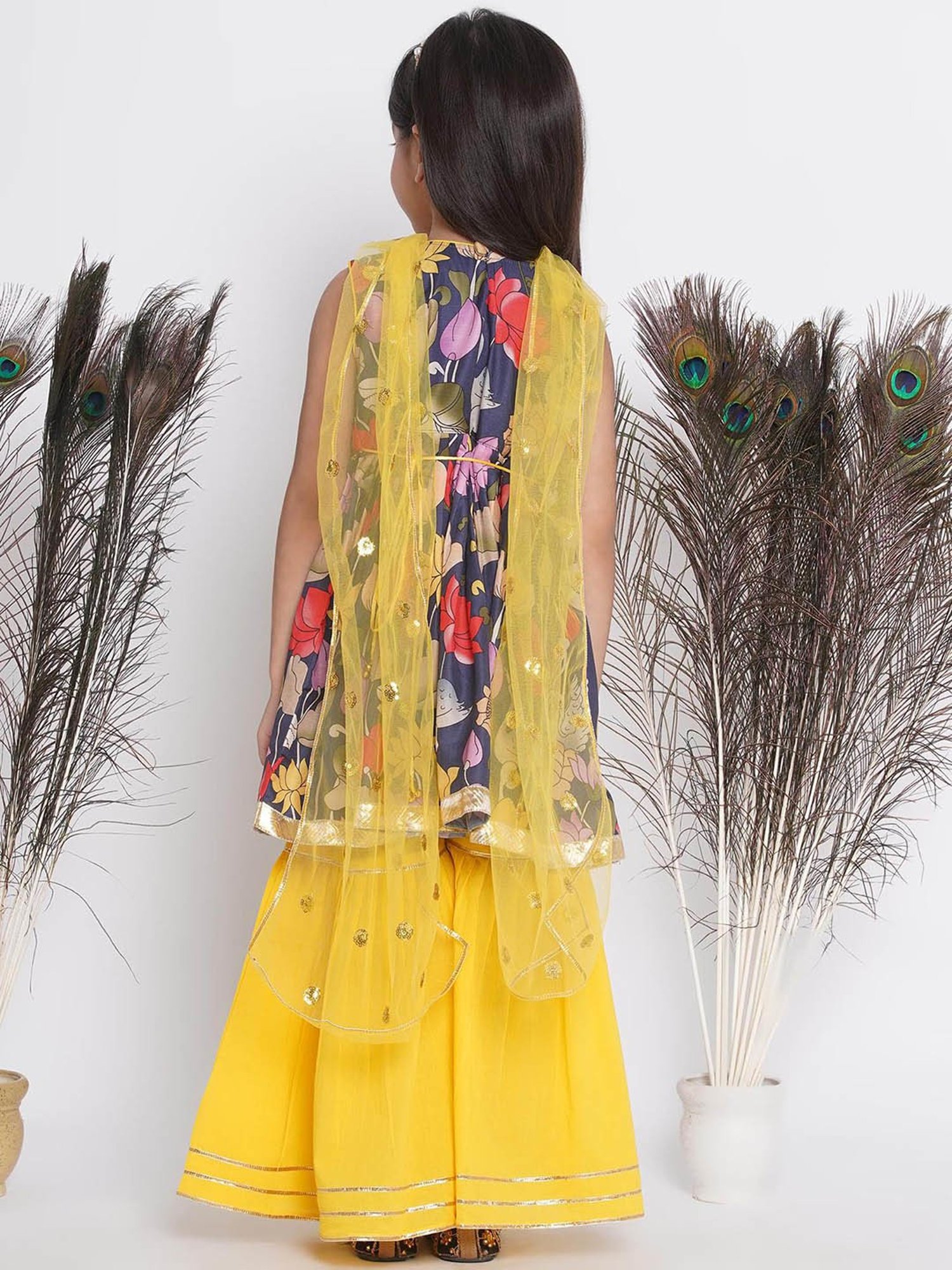 Little Bansi Kids Navy & Yellow Floral Print Kurta, Sharara with Dupatta