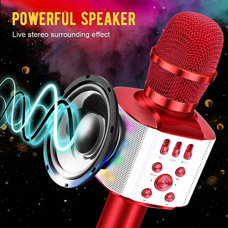 Wireless Bluetooth Karaoke Microphone with controllable LED Lights 4 in 1 Portable Karaoke Machine Speaker for AndroidiPhonePC Red