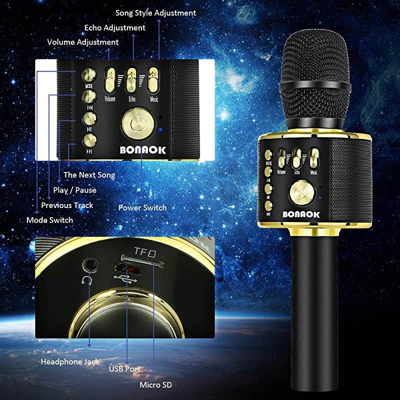 Karaoke Microphone Bluetooth Wireless, Portable Karaoke Machine Mic Speaker for Kids and Adults Home Party Birthday(Black Gold)