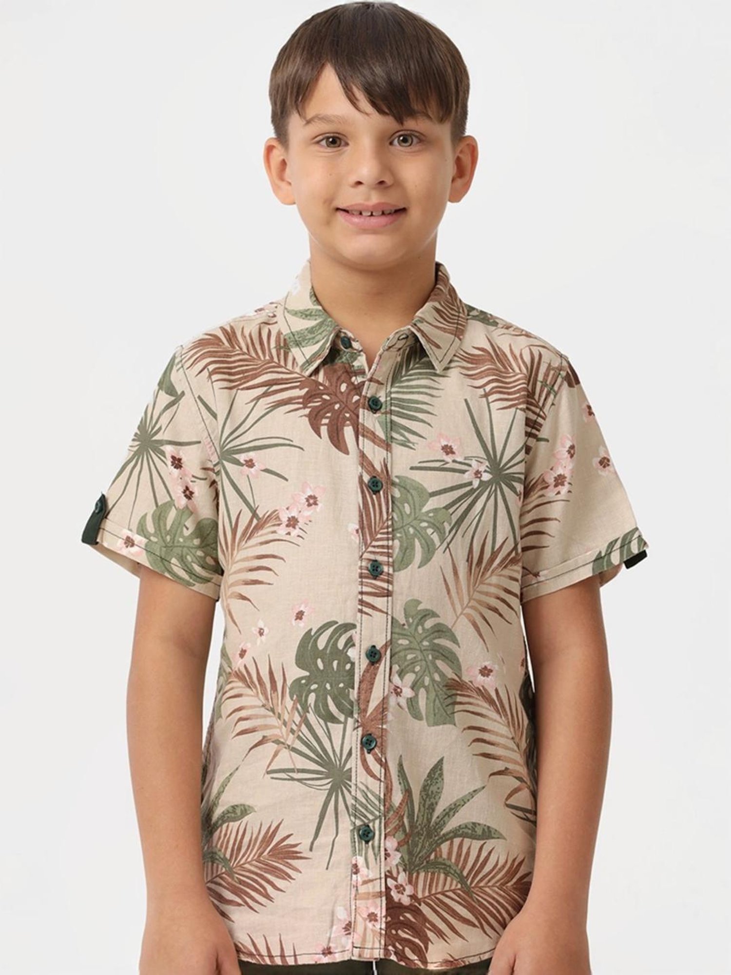 Kate & Oscar Kids Beige & Green Cotton Printed Shirt