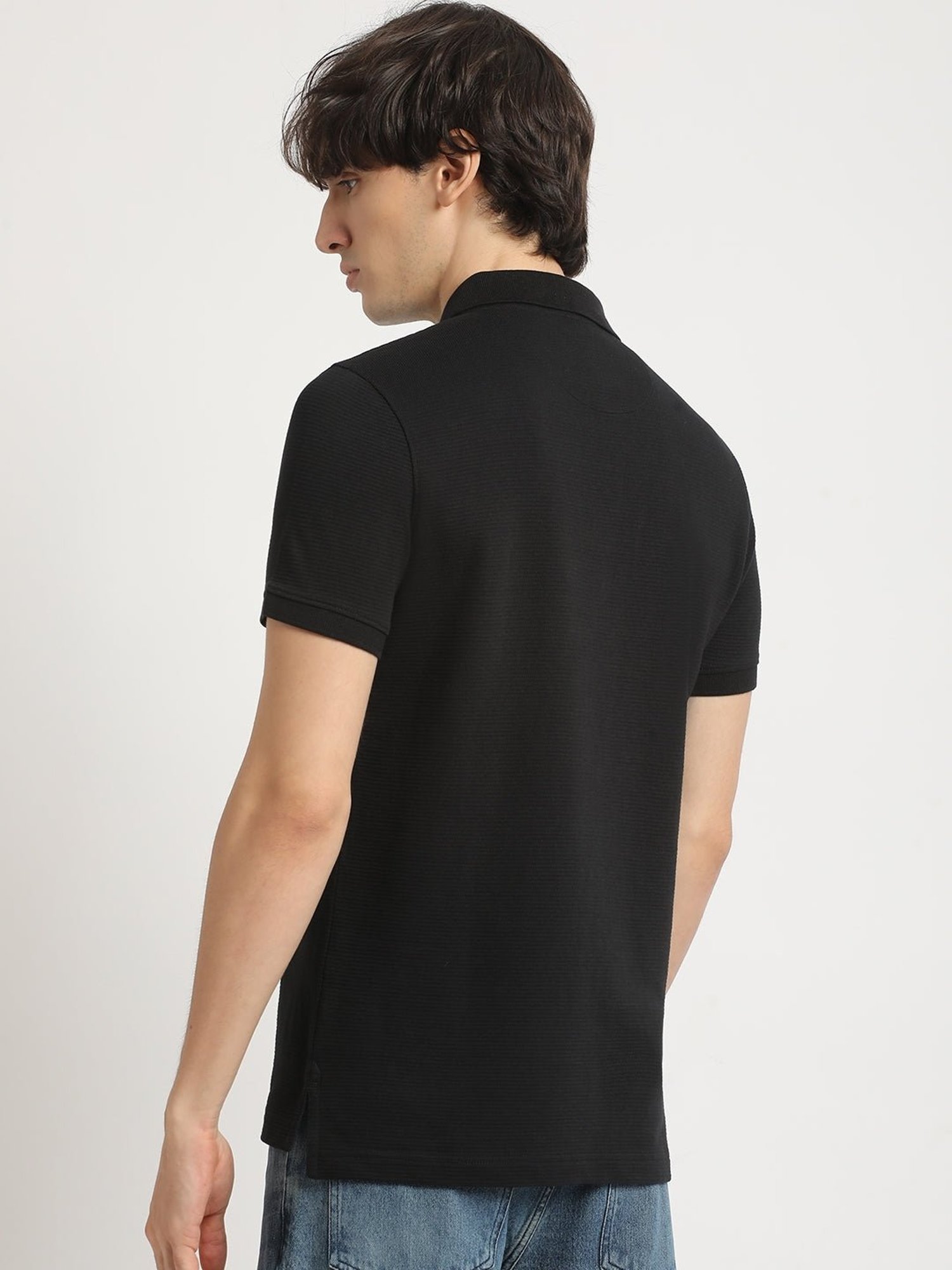 The Bear House Black Cotton Regular Fit Self Pattern Polo T-Shirt