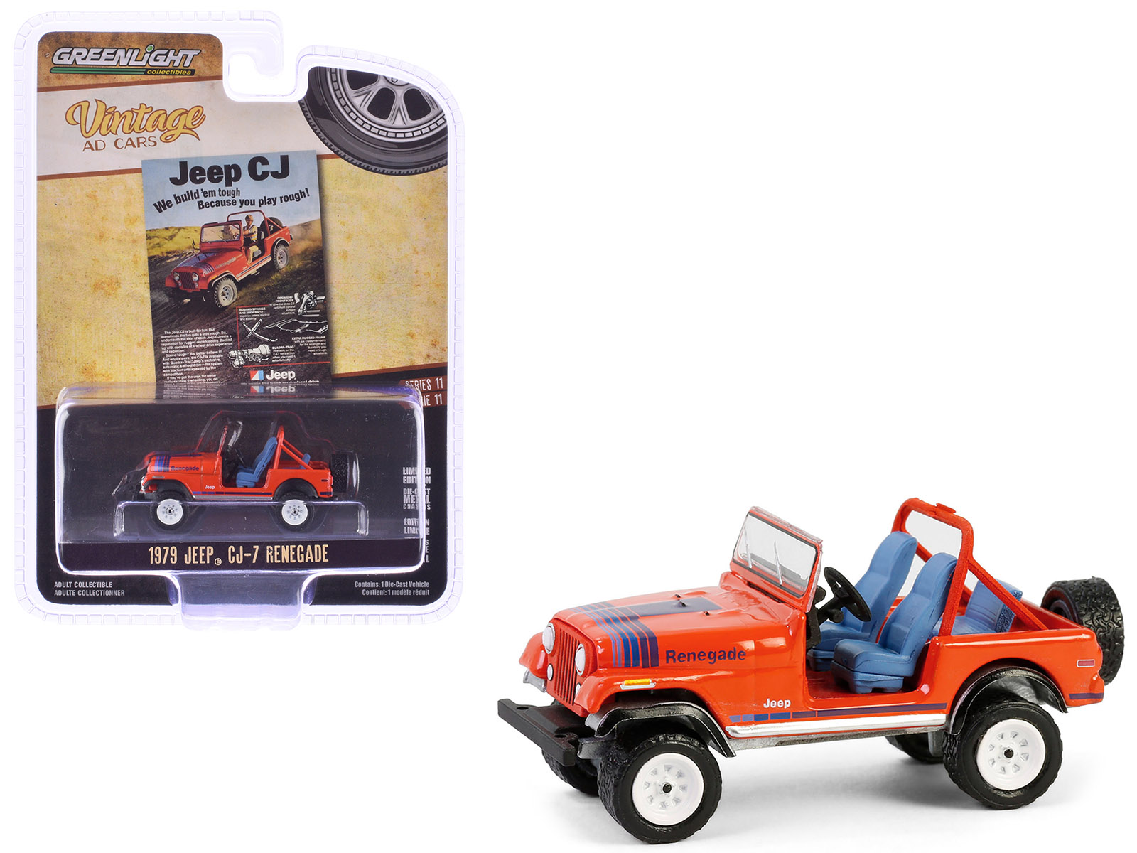 1979 Jeep CJ-7 Renegade Red with Blue Stripes "We Build 'em Tough Because you Play Rough" "Vintage Ad Cars" Series 11 1/64 Diecast Model Car by Greenlight