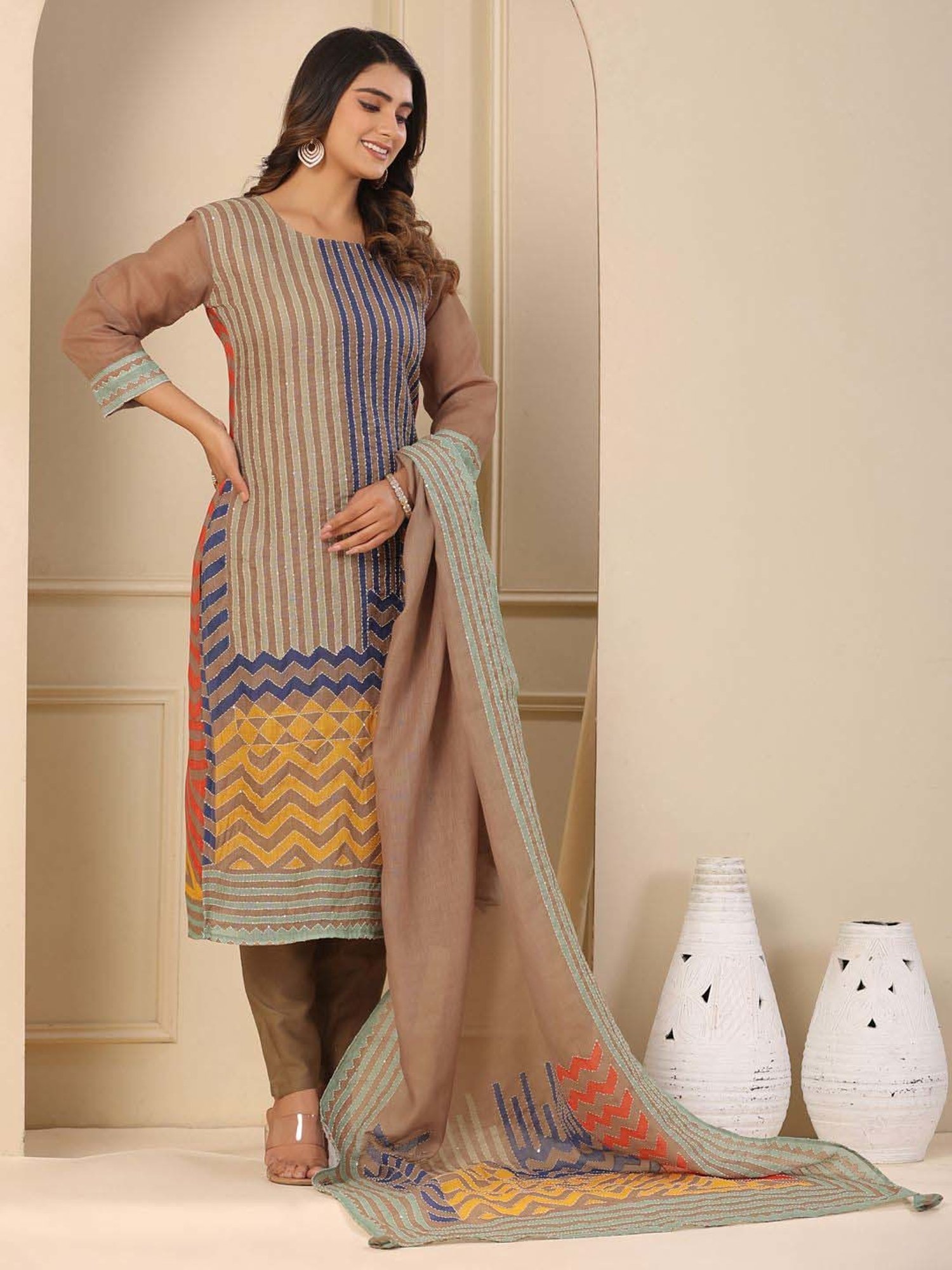 Fashor Brown & Blue Cotton Striped Kurta & Pant Set With Dupatta