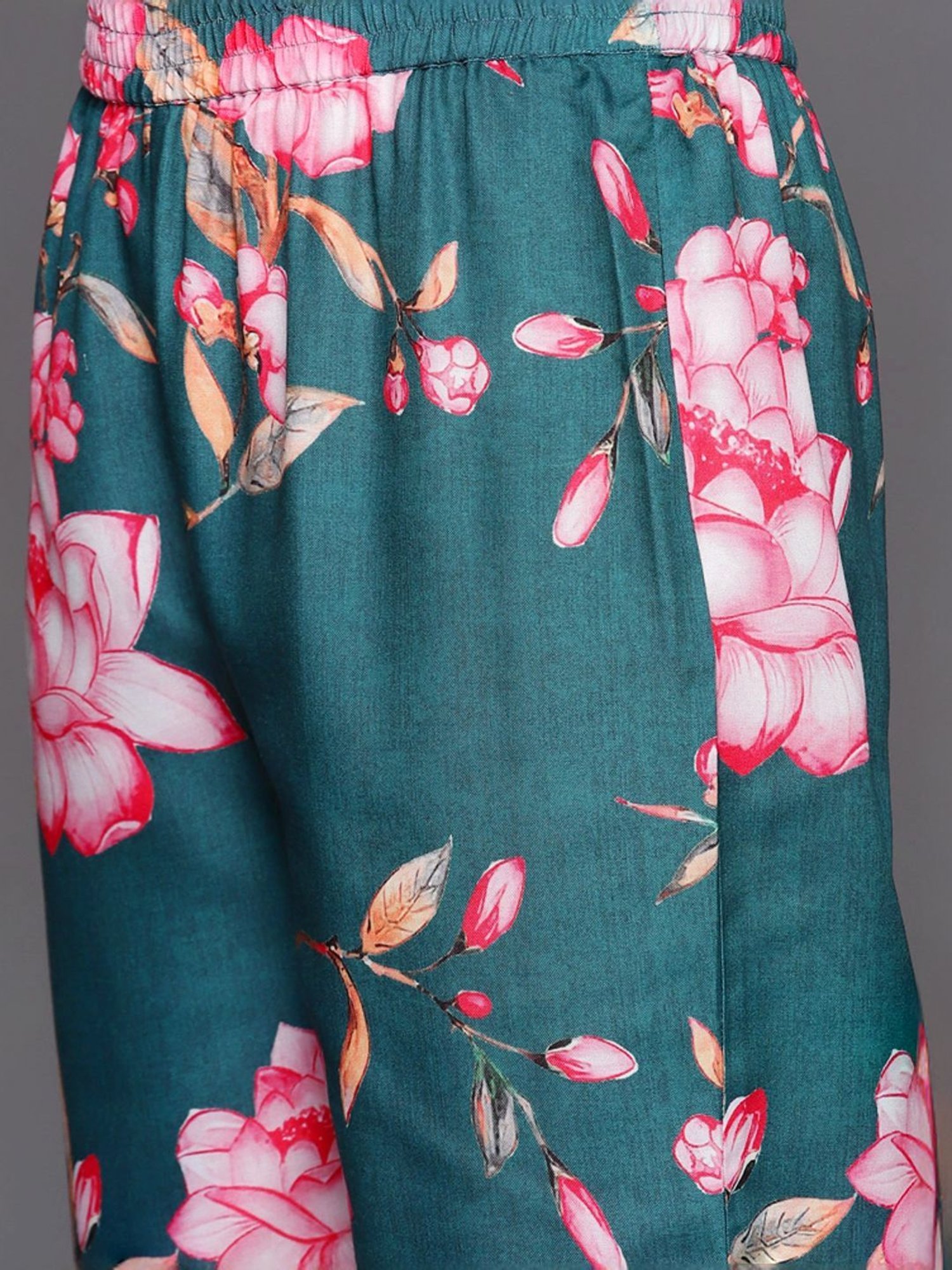 Varanga Teal Blue Floral Print Kurta Pant Set With Dupatta