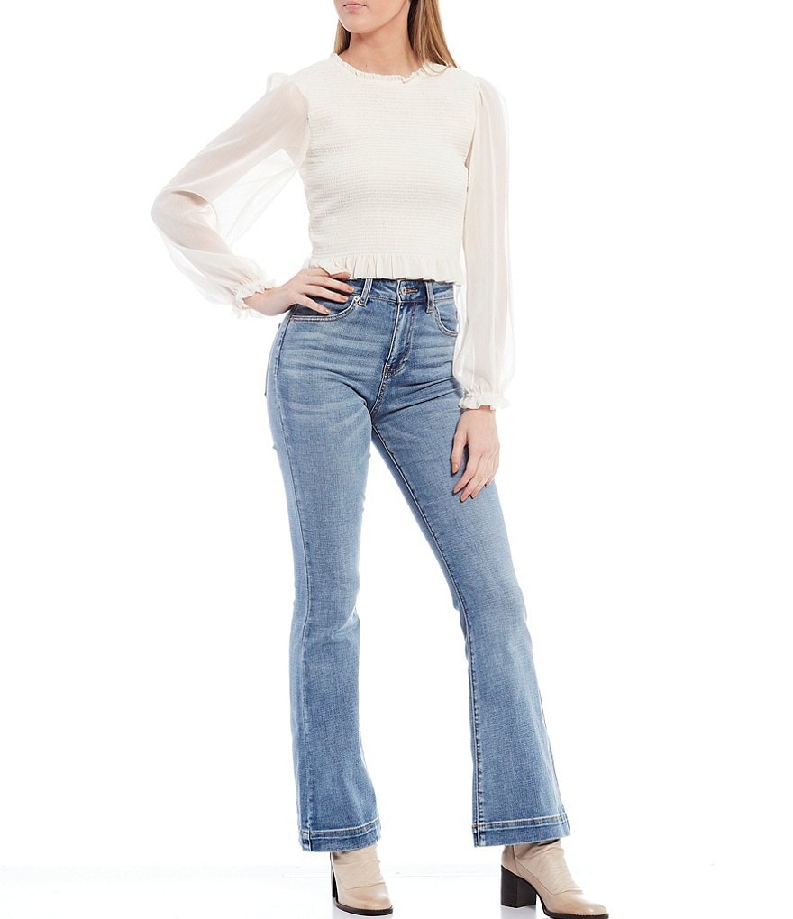 Chelsea & Violet Smocked Back Zip Long Sleeve Cropped Top