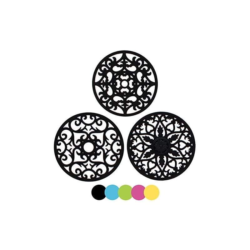 3 Set Silicone Multi-Use Intricately Carved Trivet Mat - Insulated Flexible Durable Non Slip Coasters (Black)
