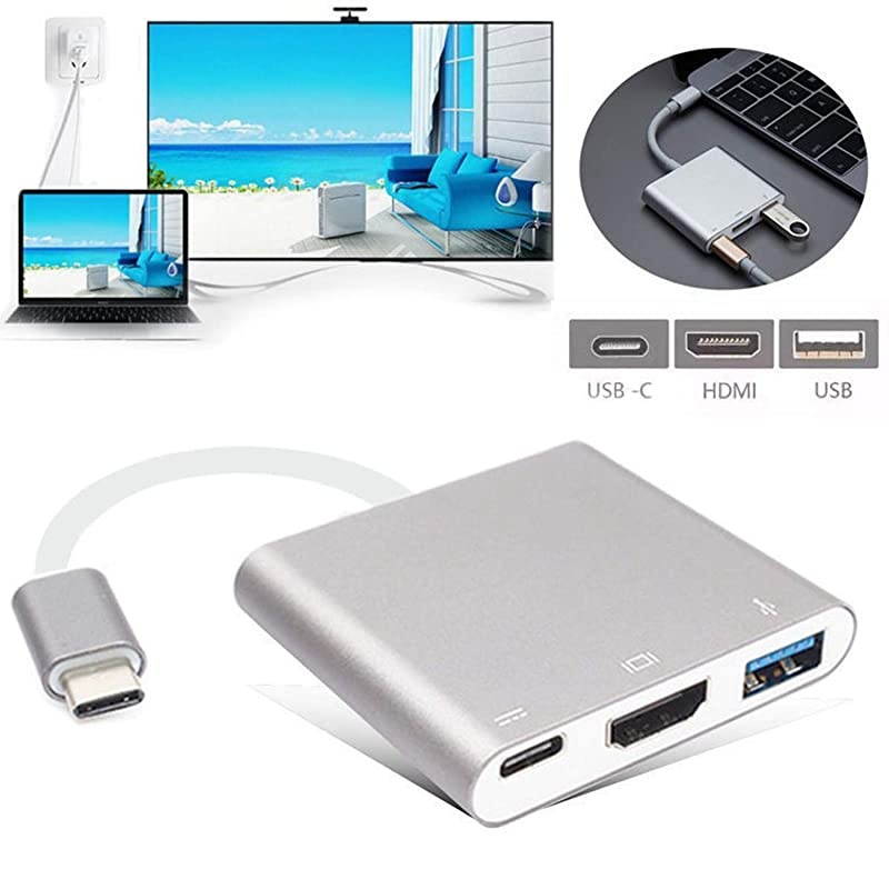 Digital AV Multiport Adapter, 3 in 1 USB Type C to 4K HDMI Video Converter Compatible for MacBook Pro/Air/ iPad Pro/S8+/S9+/Chromebook/Surface Pro7, Aluminium Alloy, Silver