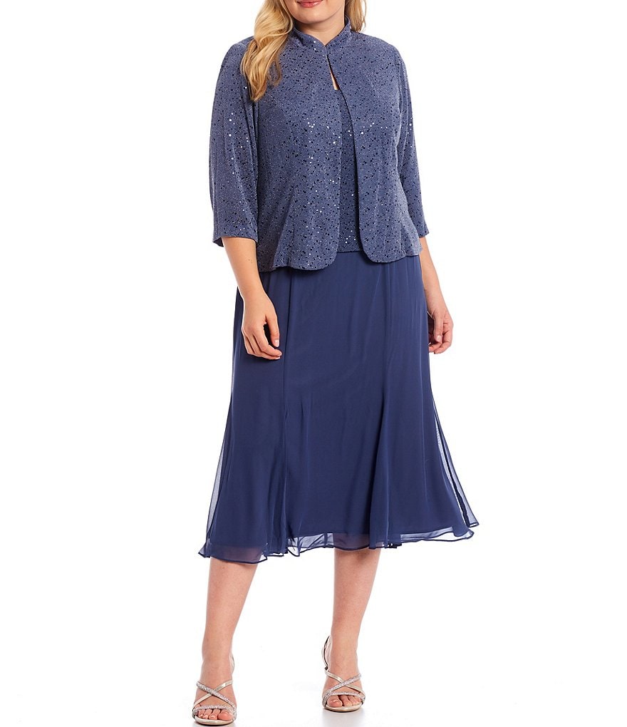 Alex Evenings Plus Size Mandarin Collar Neck 3/4 Sleeve Sequin Metallic Knit A-line Jacket Dress