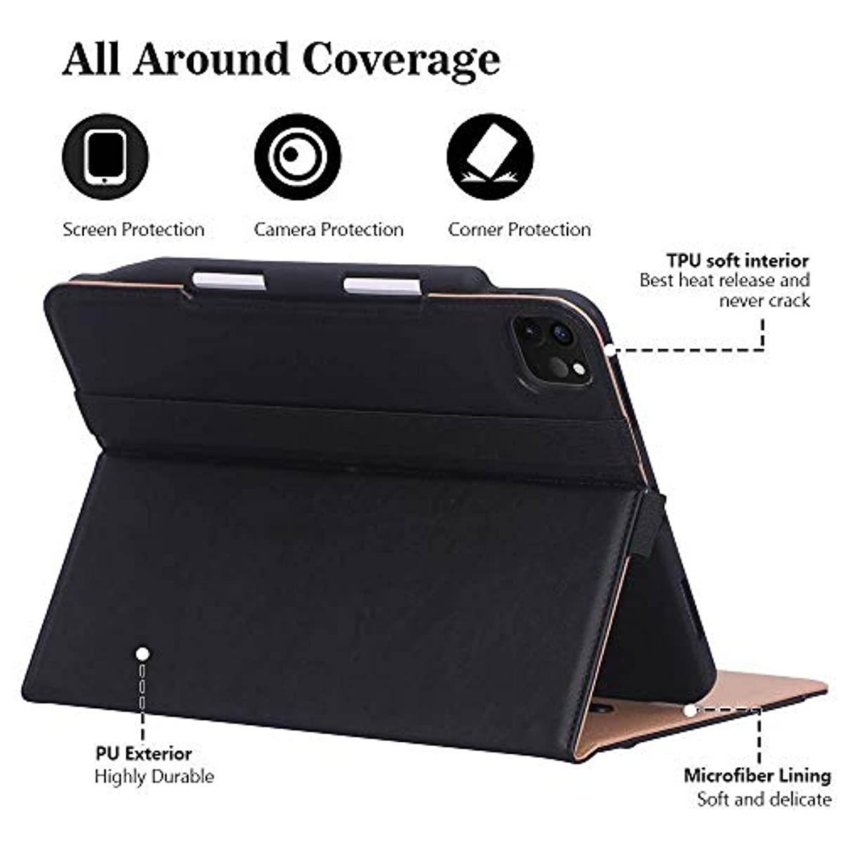 ProCase Black iPad Pro 12.9 Leather Case 4th Gen 2020 / 3rd Gen 2018 Bundle with Black Foldable Cell Phone Stand Tablet Stand