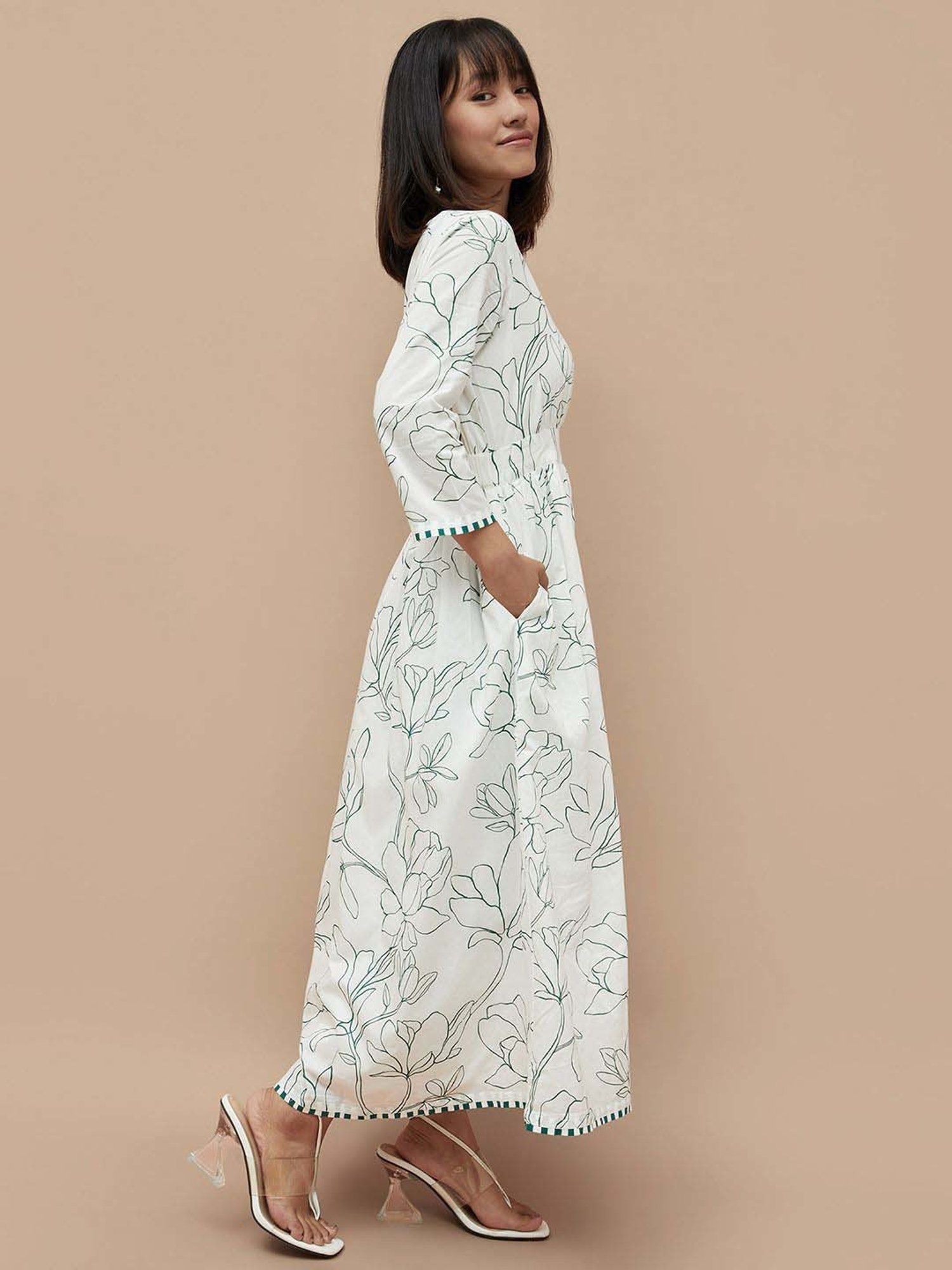 Colour Me by Melange White Cotton Printed Maxi Dress