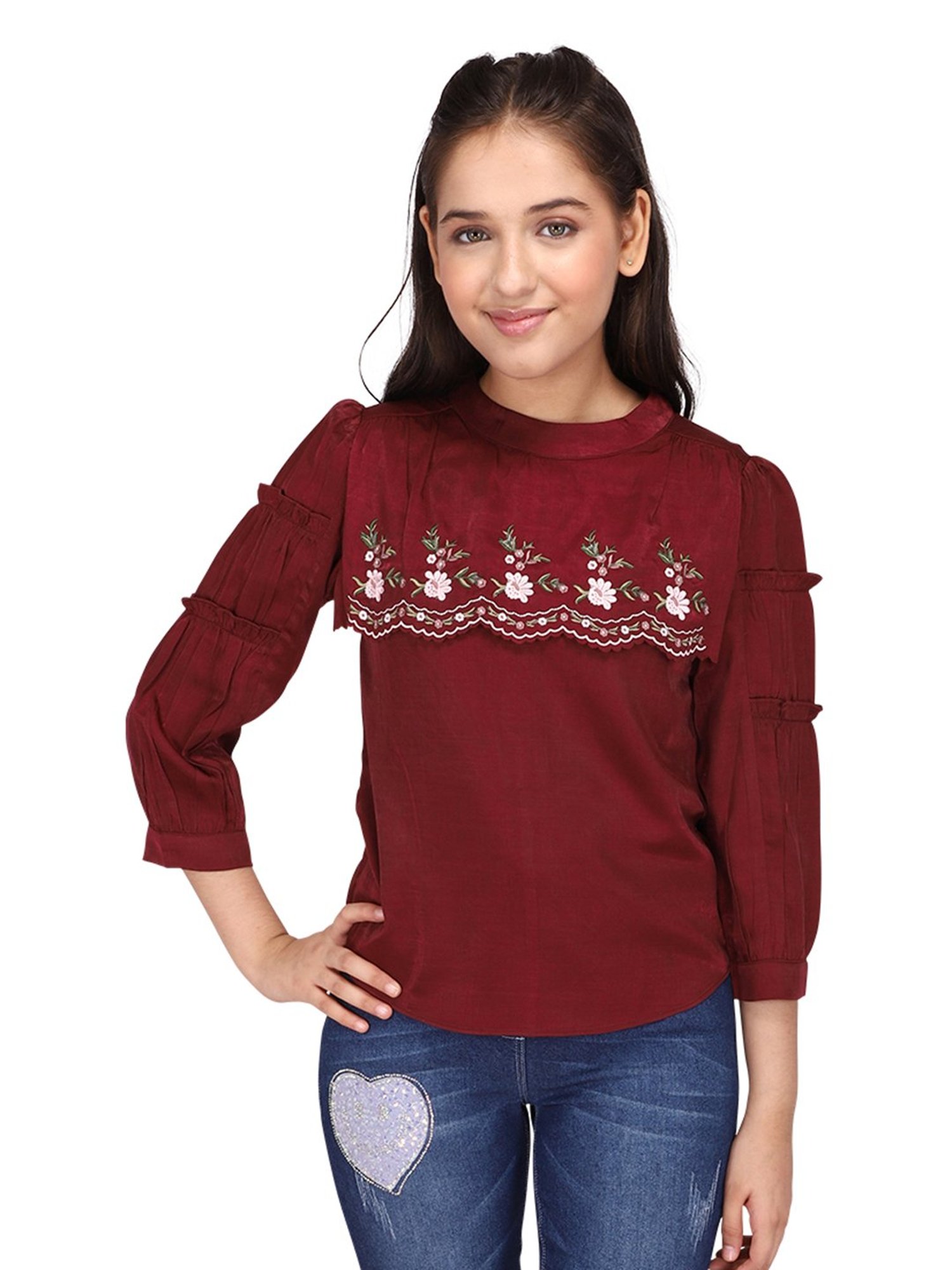 Cutecumber Kids Maroon Embroidered Top
