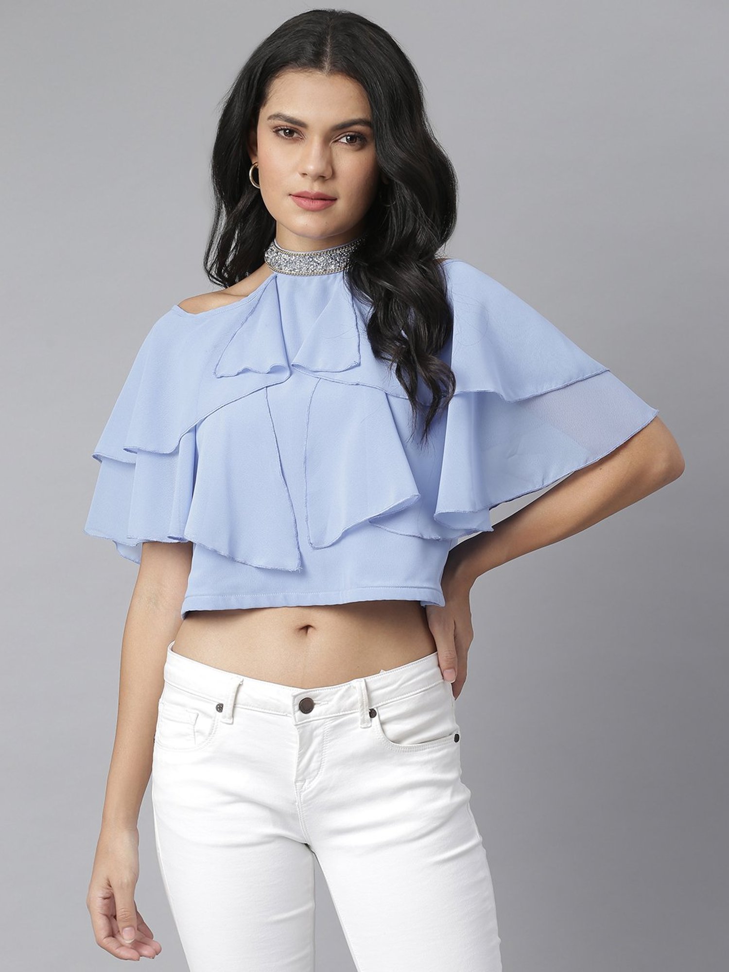 KASSUALLY Blue Embellished Crop Top