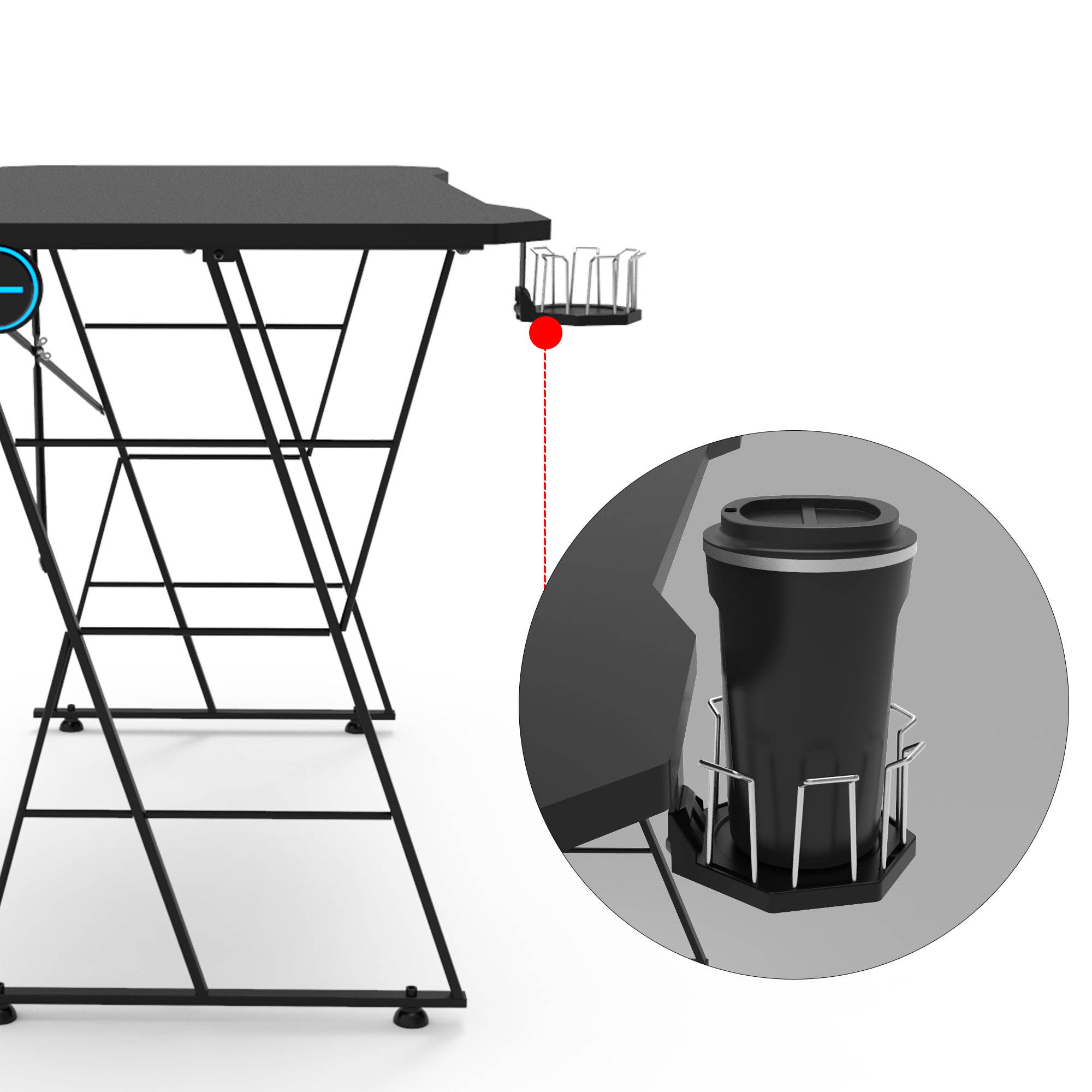 47.2 Inch Ergonomic Gaming Desk Home Office Desk Carbon Fiber Surface Computer Table E-sport Desk H-Shaped PC Desk with Monochrome Blue Light,Adjustable Table Leg Pad and Cup Holder