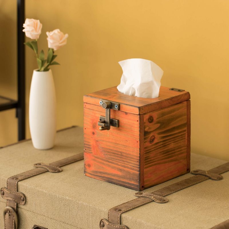 Vintiquewise Square Wooden Rustic Lockable Tissue Box Cover Holder