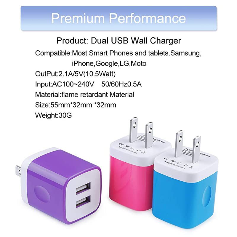 Wall ChargerCharging Block 3Pack 21A Dual Port Wall Charging Plug Head Travel Charger Cube Compatible for iPhone 11XsXRXs MaxX8 7 6 PlusSamsung GalaxyLGMotoGoogleAndroid Phone