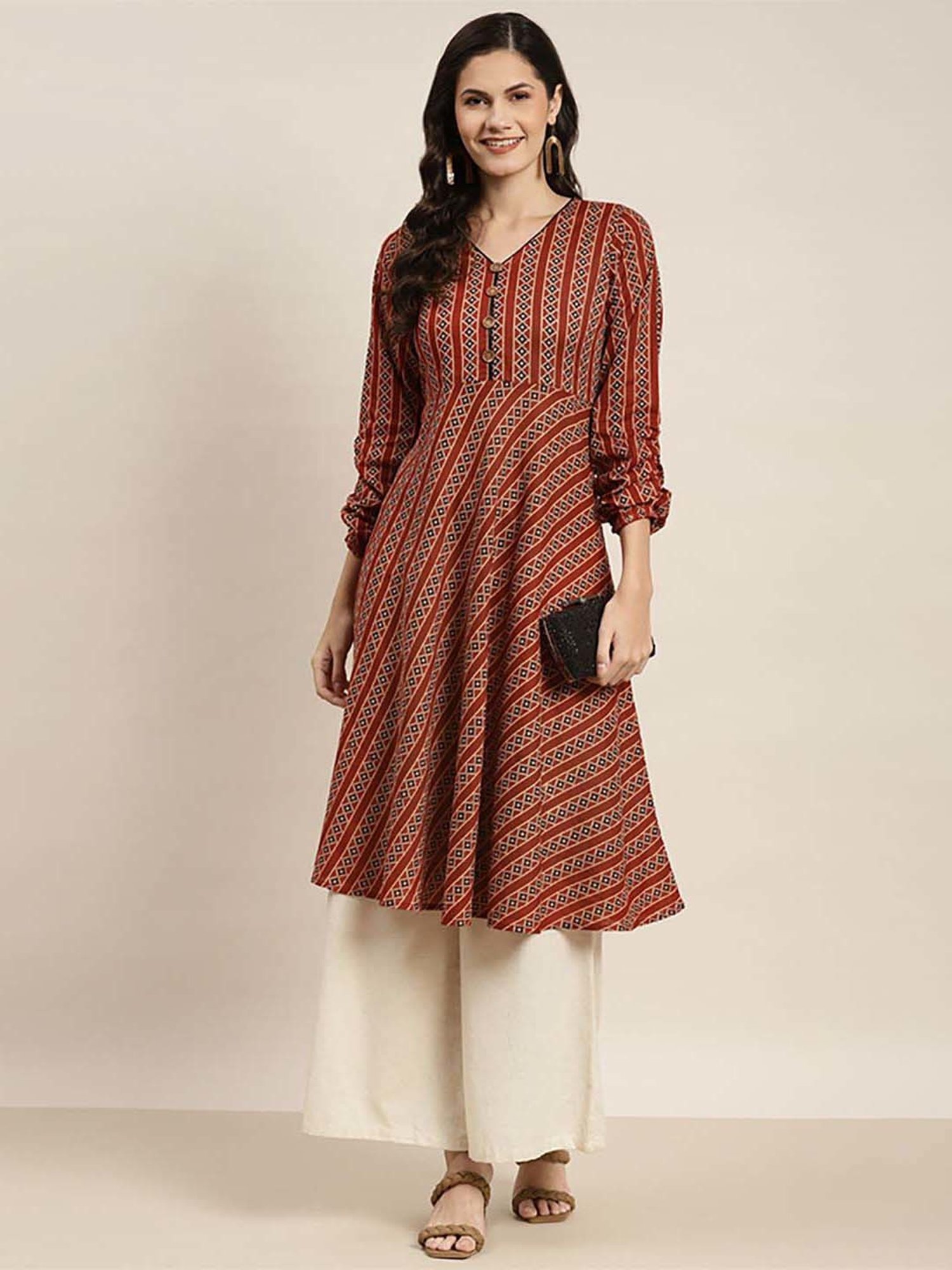 Jompers Brown Cotton Printed A Line Kurta
