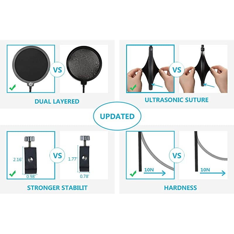Upgraded Microphone Pop Filter Mask Shield for Blue Yeti and Other Mic 6 Inch Dual Layered Pop Wind Screen with Enhanced Flexible 360&deg;Gooseneck Clip Stabilization Arm