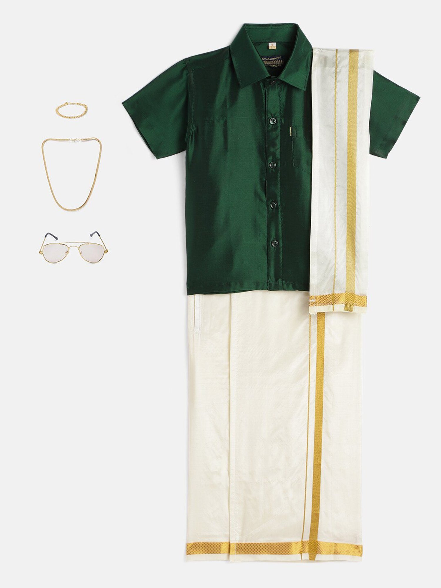 THANGAMAGAN Kids Dark Green & Cream Solid  Shirt,  Dhoti,  Towel With  Freebies Set