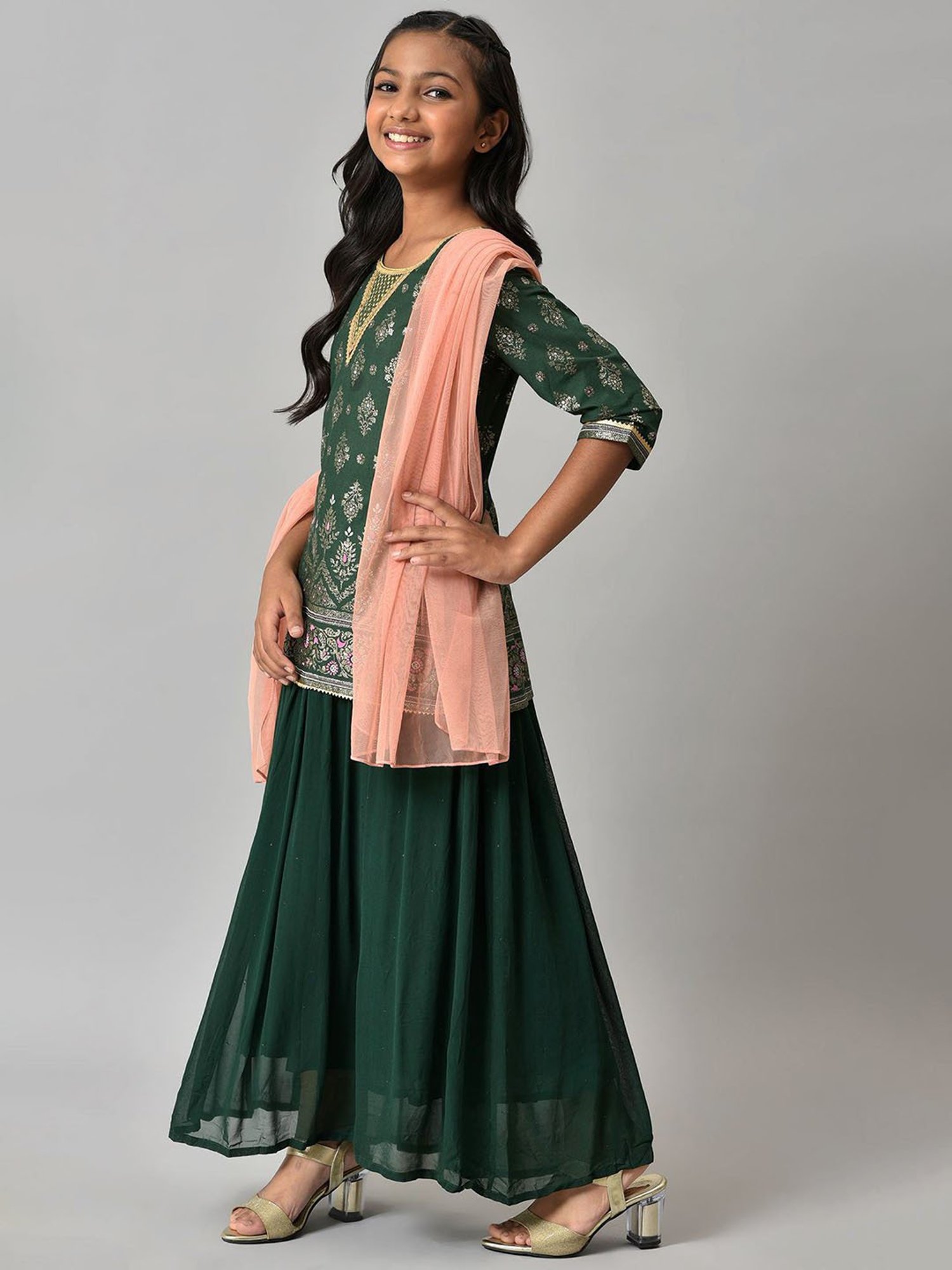 Aurelia Kids Green & Peach Floral Print Kurta, Skirt with Dupatta