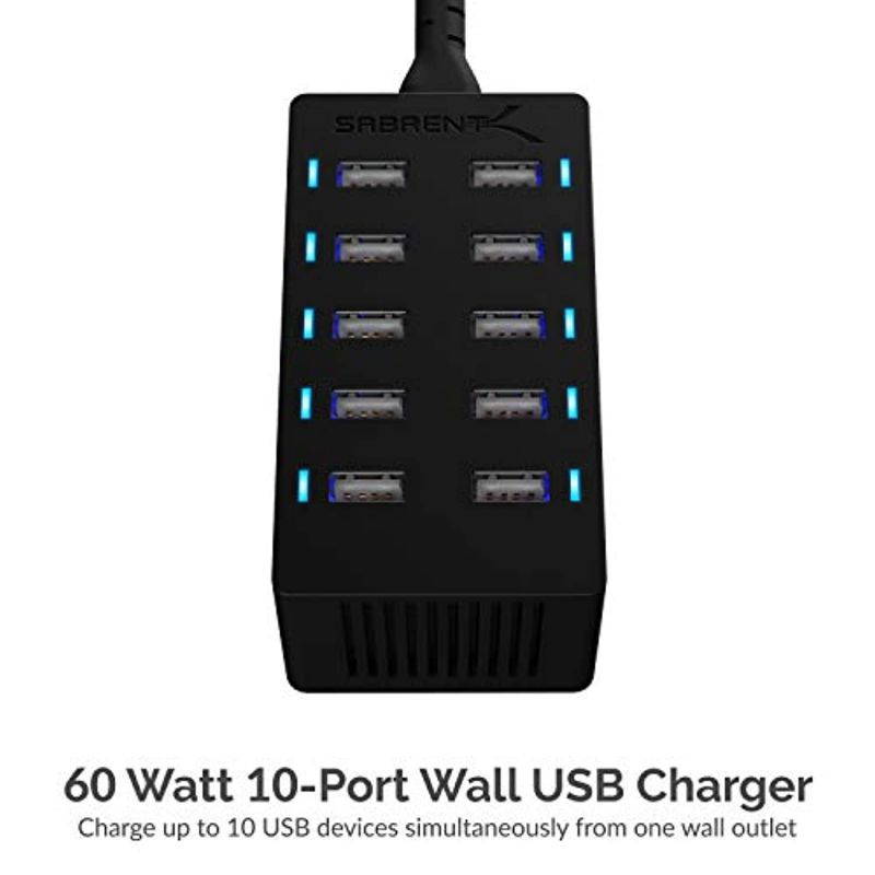 Sabrent 60 Watt (12 Amp) 10-Port [UL Certified] Family-Sized Desktop USB Rapid Charger. Smart USB Ports with Auto Detect Technology [Black] (AX-TPCS) (AX-TPCS)