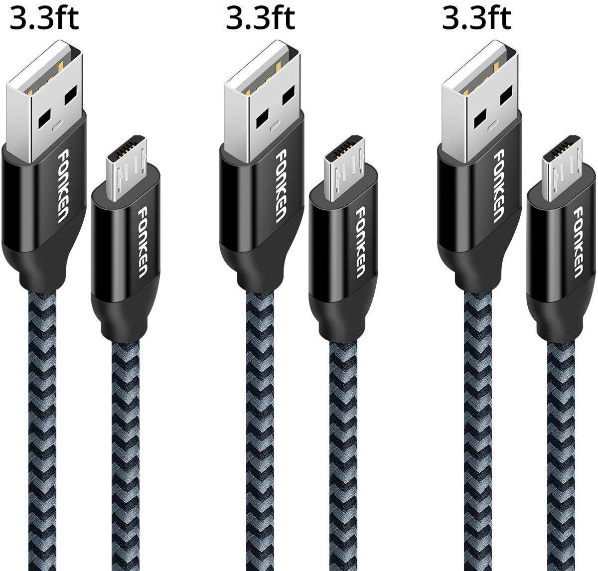 Micro USB Cable, FONKEN Android Charger Nylon Braided Quick Charge Cable [3-Pack,3.3FT] Fast Sync & Charging Cable Smartphone Charge Cable Compatible Samsung, Nexus, LG, Motorola, Sony, Kindle (Black)