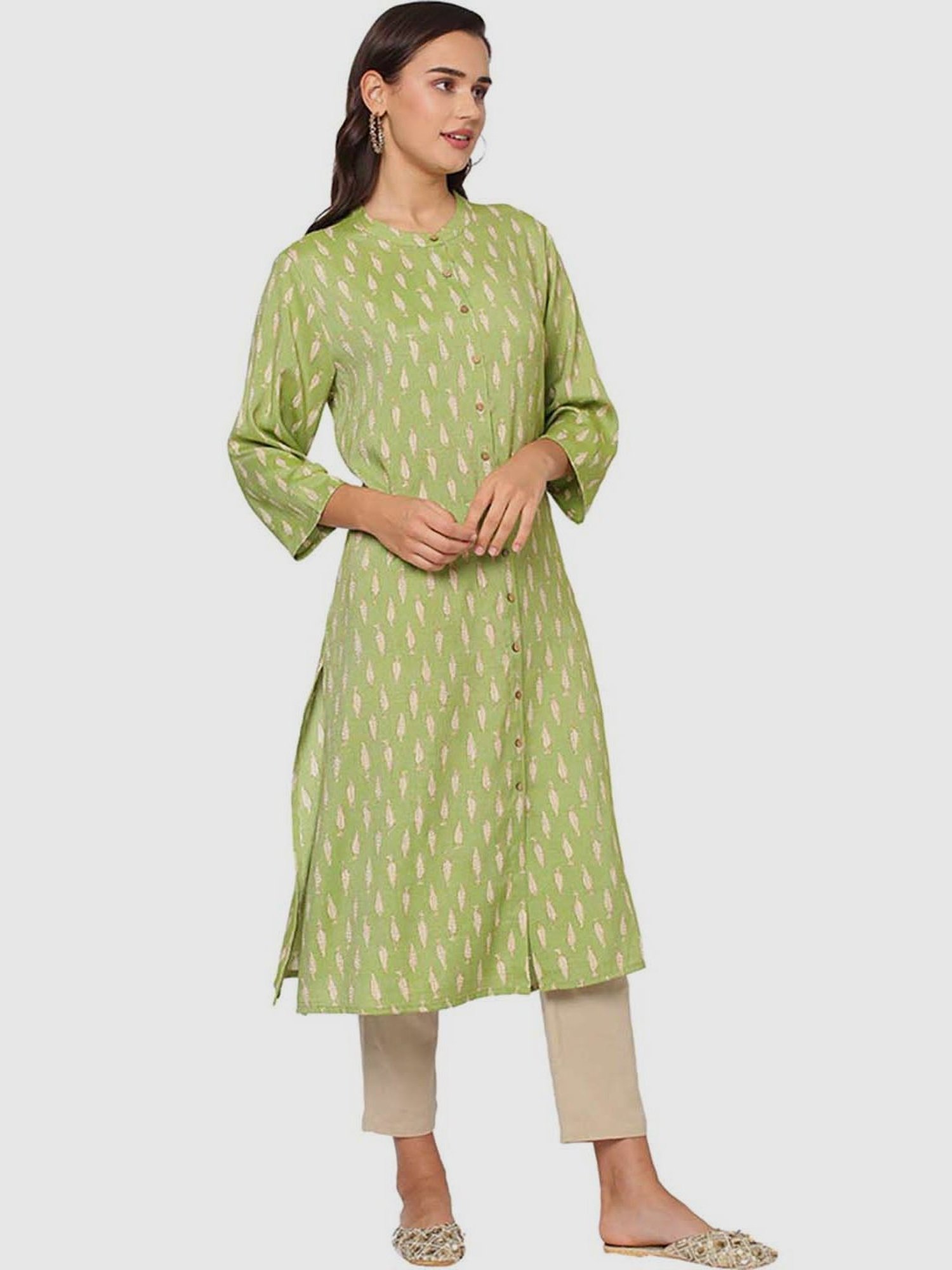Fusion Beats Green Printed Straight Kurta