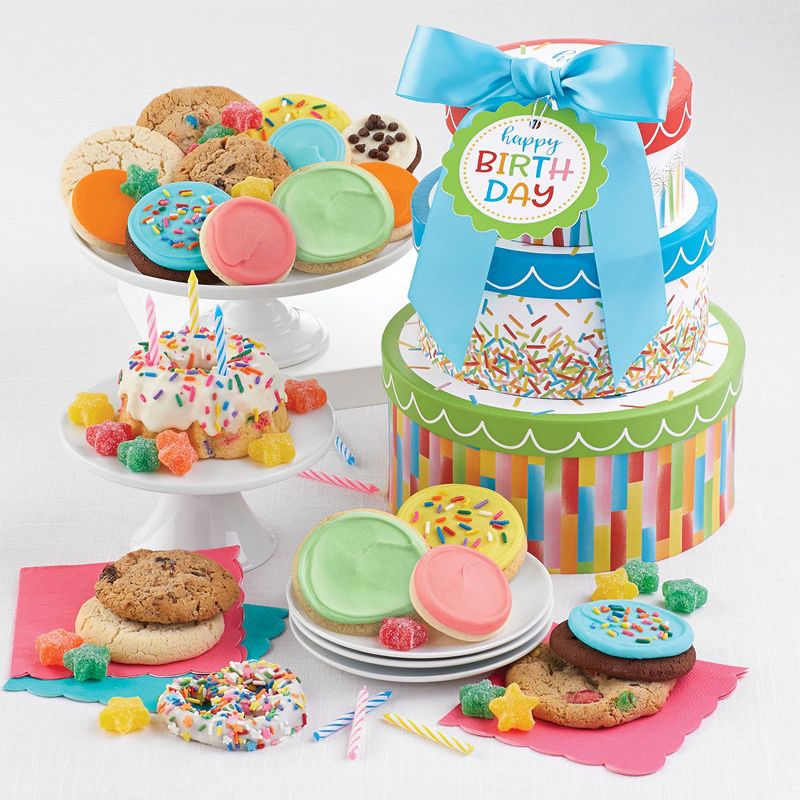 Cheryl's Cookies Birthday Cake and Candy Cookie Gift Tower (3 Tiers)