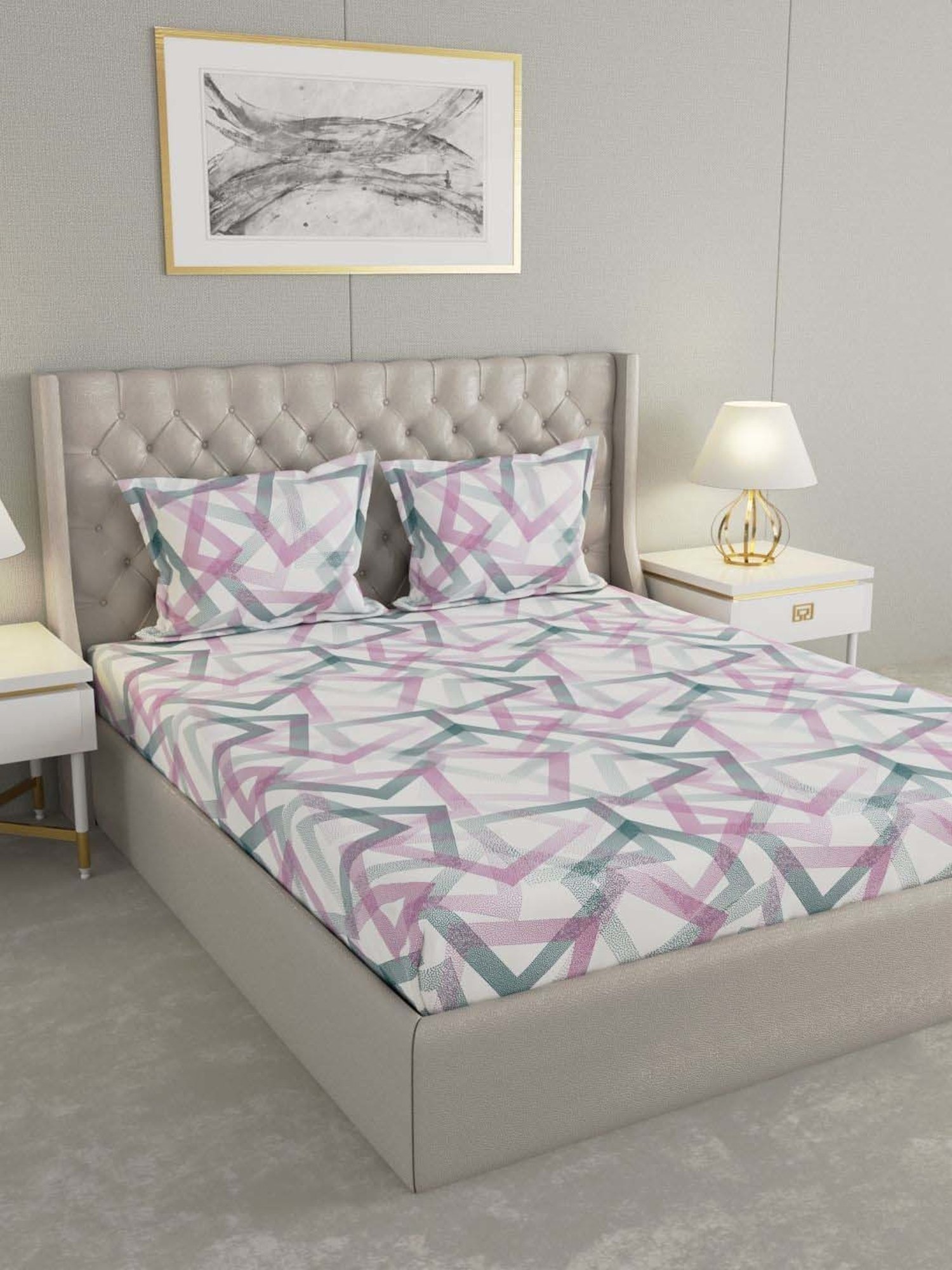 Raymond Home Jazzy Pink & Green 120 TC Cotton Queen Bedsheet with 2 Pillow Covers