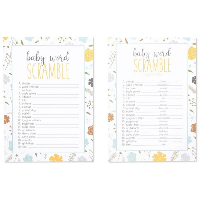 Best Paper Greetings Baby Word Scramble Party Game & Activity for Baby Shower and Gender Reveal, Answer Key Included, Floral Design, Up to 50 Guests