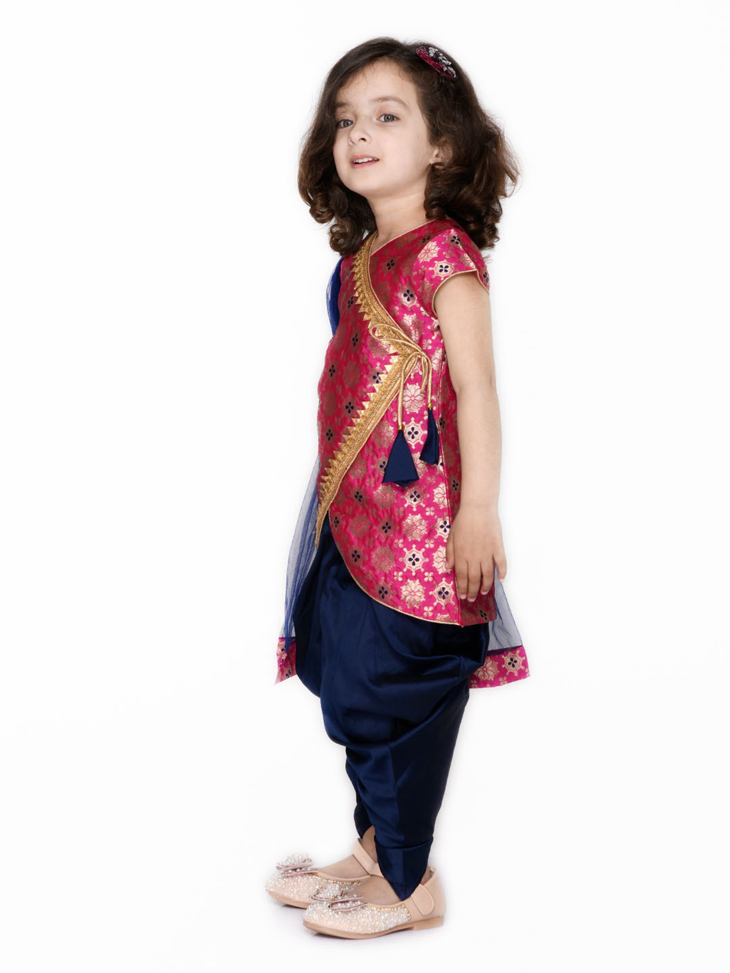 Saka Designs Kids Magenta & Navy Printed Kurta with Dhoti & Dupatta