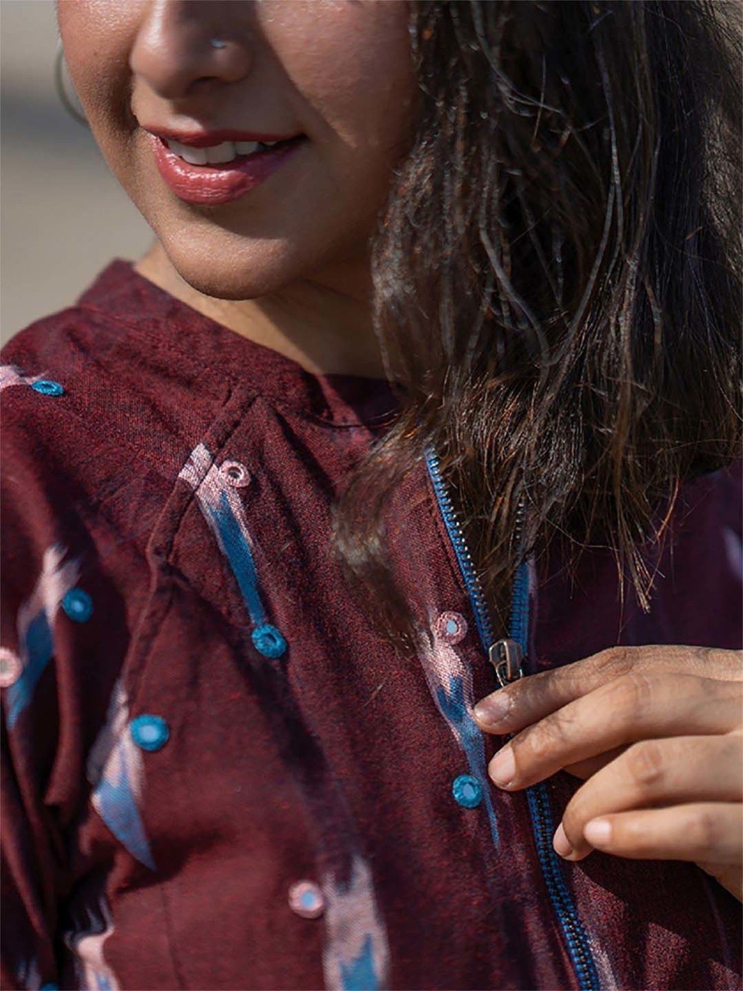 Okhai Mahogany Maroon Pure Cotton Hand Embroidered Bomber Jacket