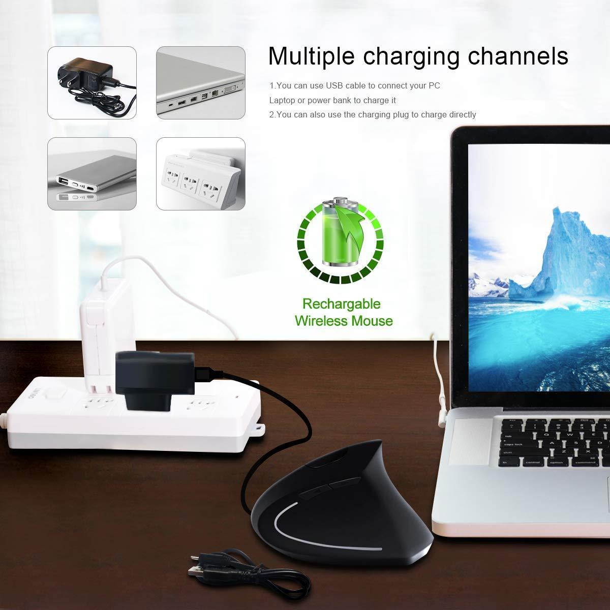 2.4G USB Wireless Vertical Mouse Rechargeable Ergonomic Optical Computer Mouse with 3 Adjustable DPI 1000/1200/1600 Levels 6 Buttons for Laptop, PC, Computer, Desktop, Notebook - Black