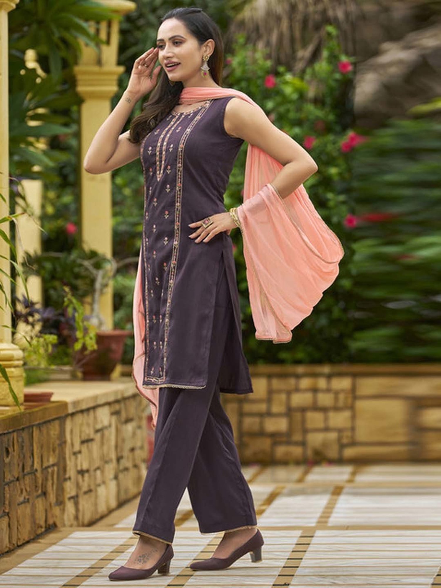Skylee Purple Embroidered Kurti Palazzo Set With Dupatta