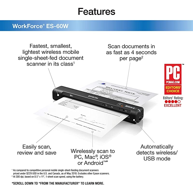 Workforce ES-60W Wireless Portable Sheet-fed Document Scanner for PC and Mac