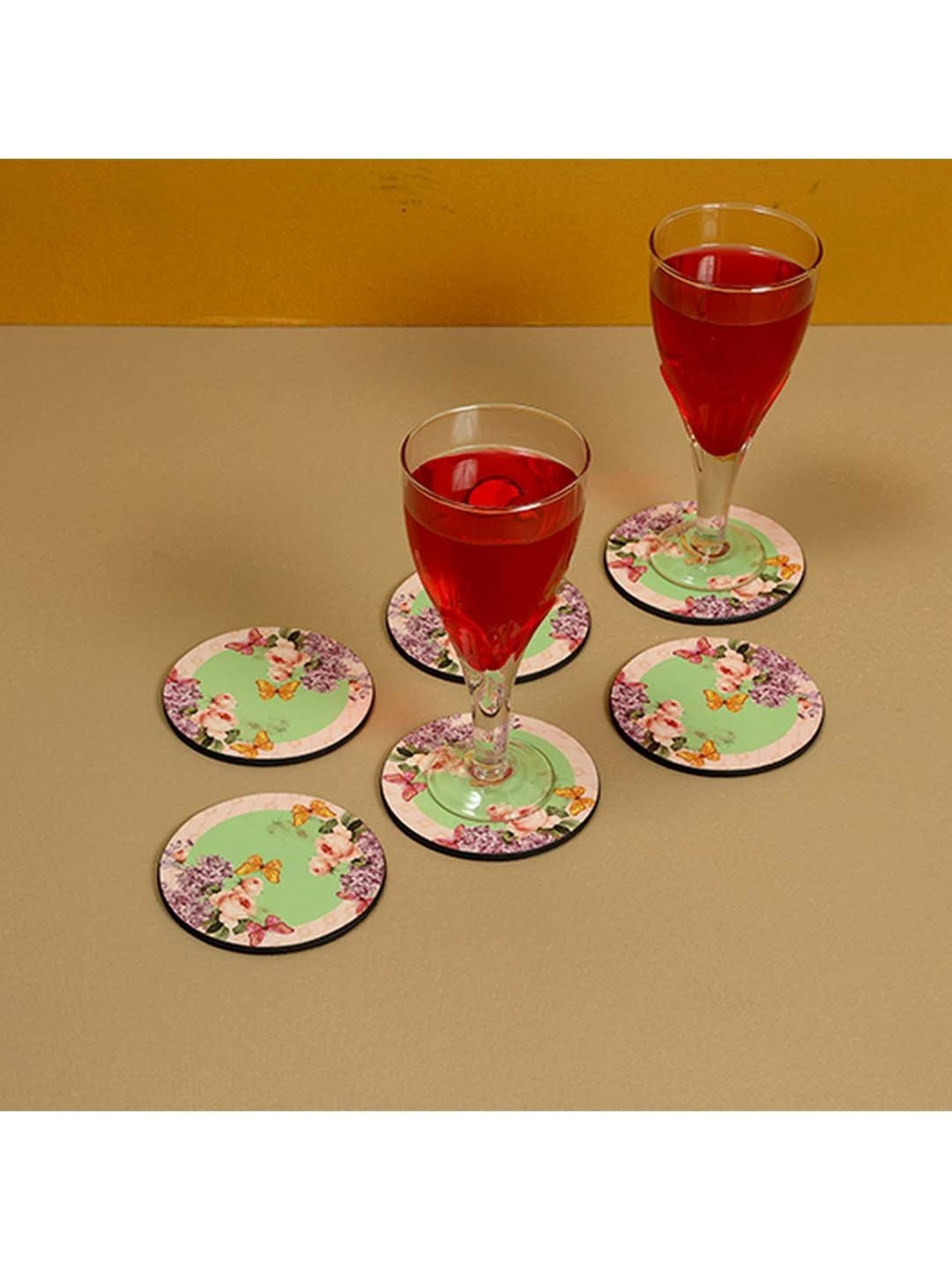 ICRAFT Groovy Mint Series Green & Beige Mdf Round Coaster - Set of 6