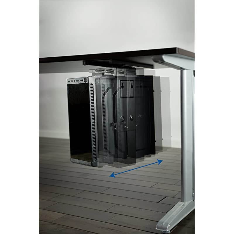 Black Adjustable UnderDesk Slider PC Mount | Computer Case Holder with Pullout Slide Track and 360 Degree Swivel MOUNTPC01D