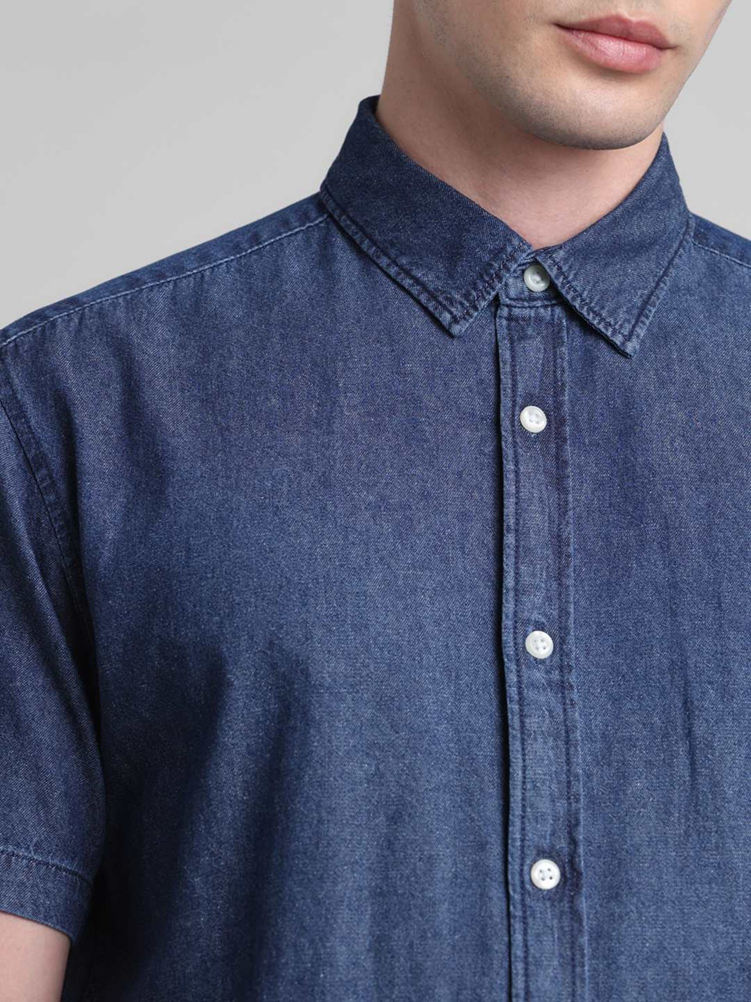 Jack & Jones Dark Blue Denim Cotton Regular Fit Denim Shirt